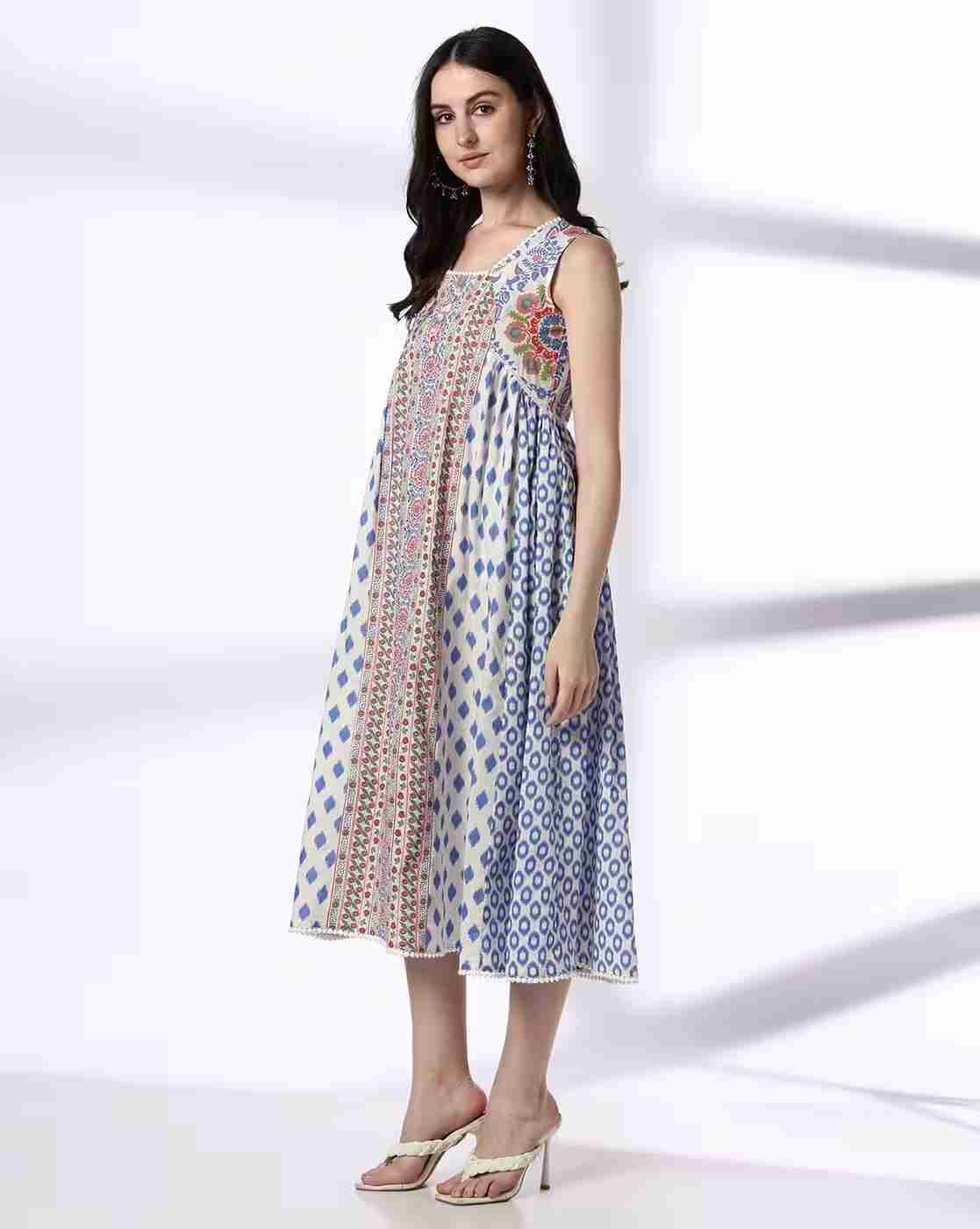 FUSION | Women Printed Square-Neck A-Line Dress