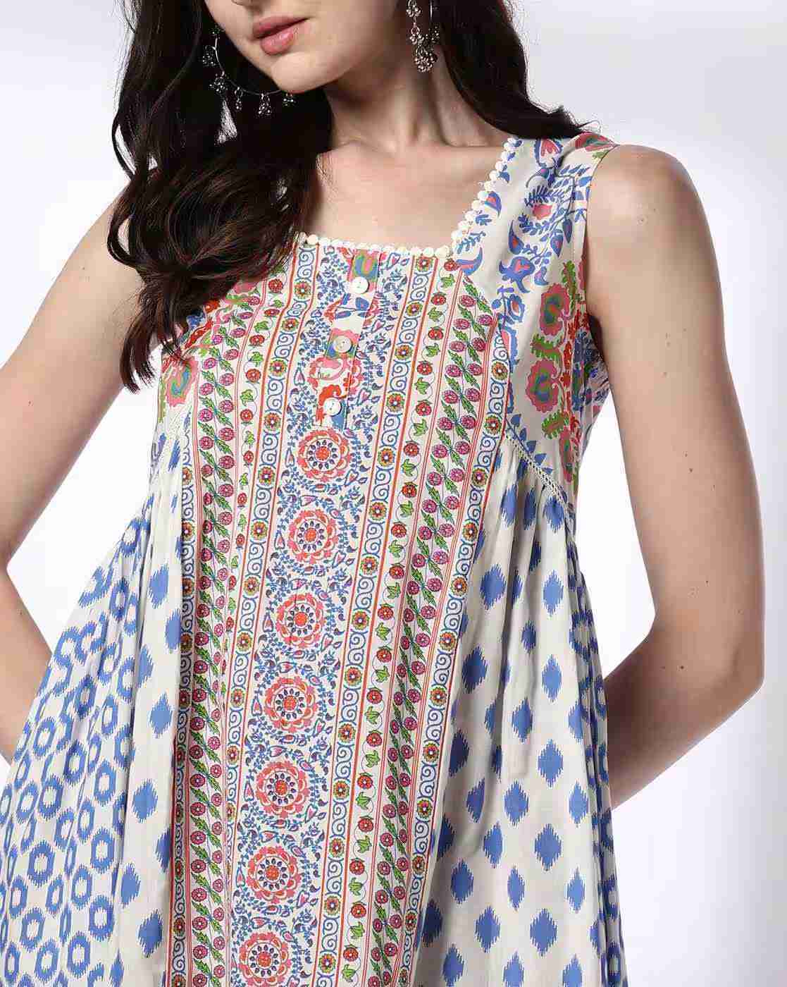FUSION | Women Printed Square-Neck A-Line Dress|3
