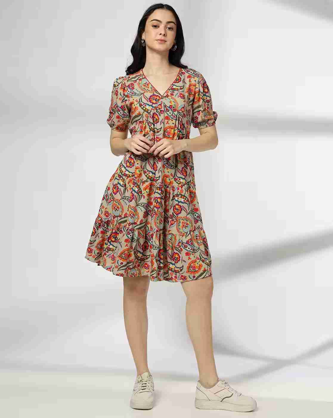 FUSION | Women Floral Print V-Neck Fit & Flare Dress|0