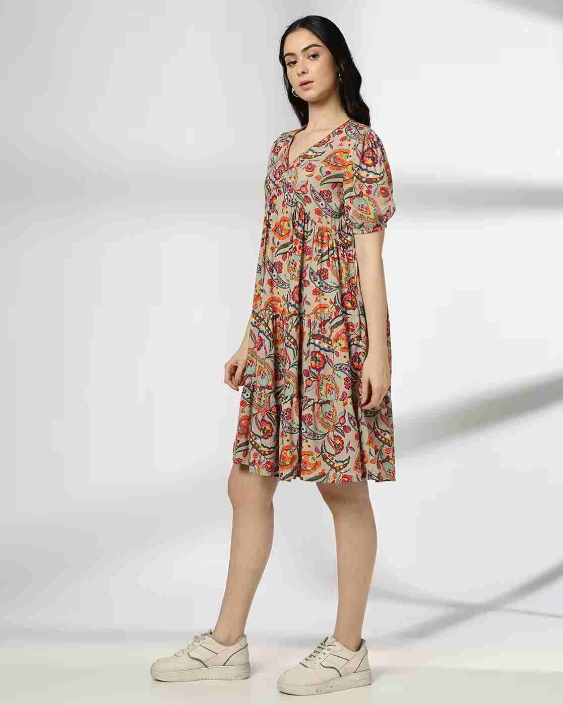 FUSION | Women Floral Print V-Neck Fit & Flare Dress|1