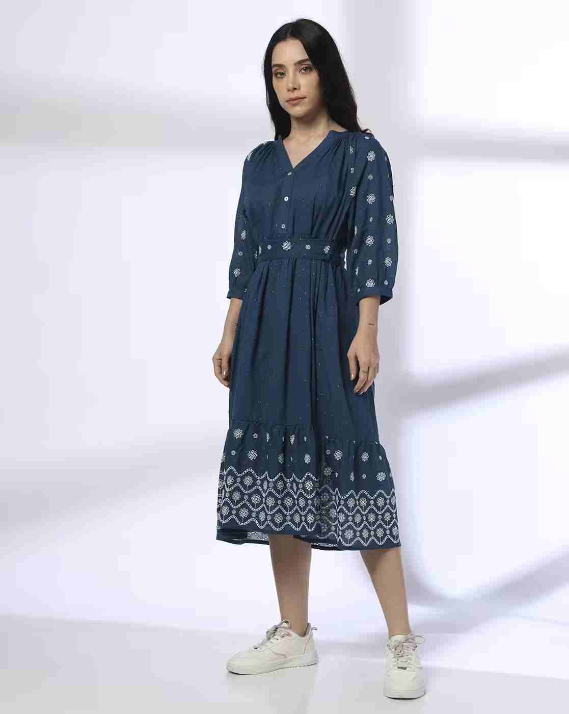 FUSION | Women Schiffli Embroidered Fit & Flare Dress|1