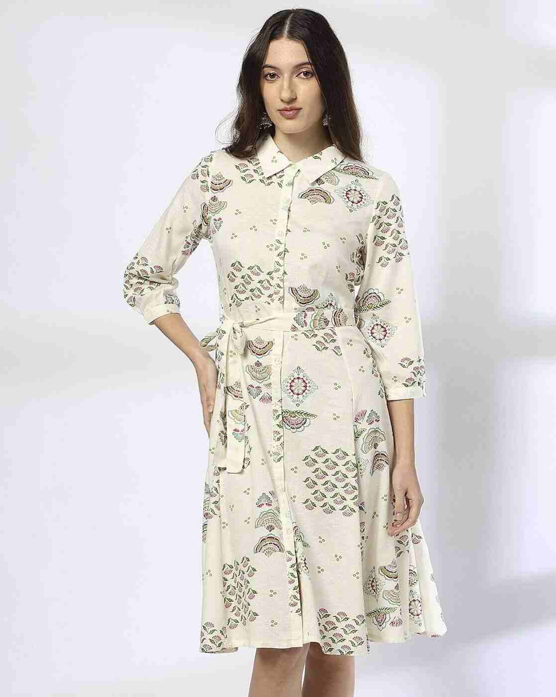 FUSION | Women Floral Print A-Line Dress with Tie-Up Belt|0