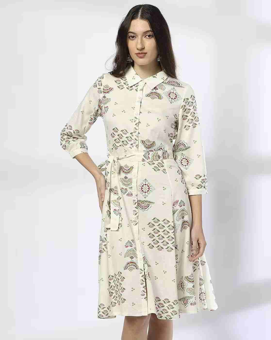 Women Floral Print A-Line Dress with Tie-Up Belt