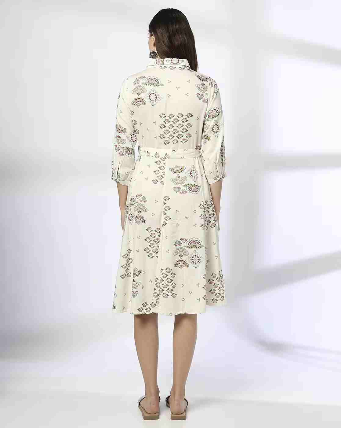 FUSION | Women Floral Print A-Line Dress with Tie-Up Belt