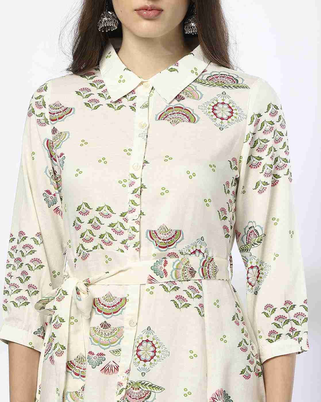 FUSION | Women Floral Print A-Line Dress with Tie-Up Belt|2