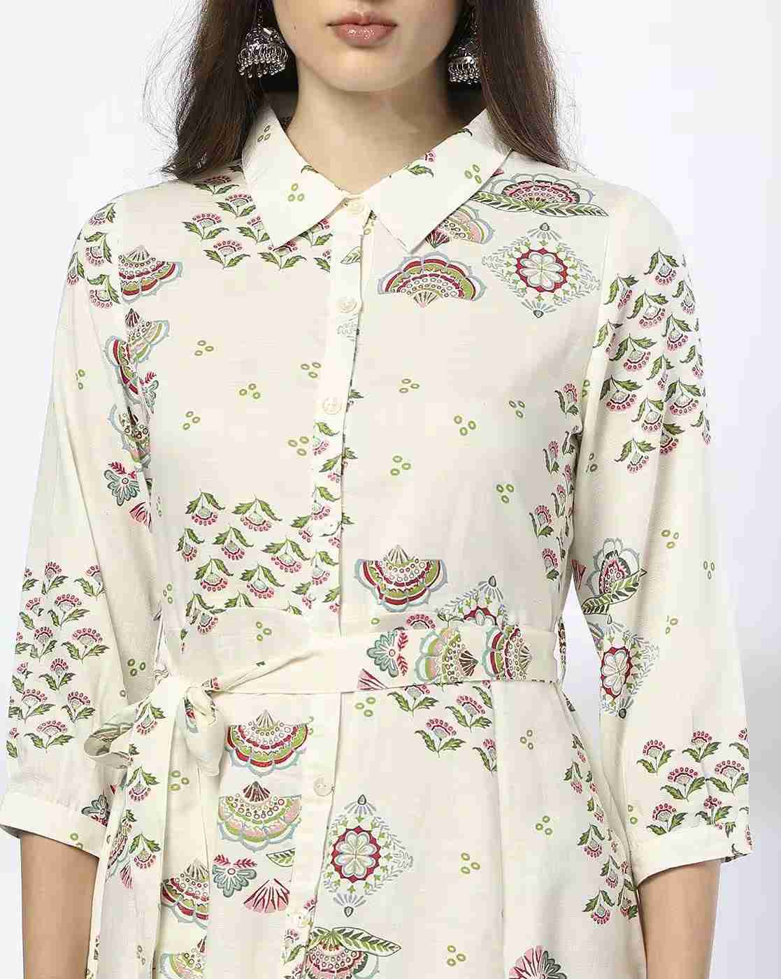 FUSION | Women Floral Print A-Line Dress with Tie-Up Belt|2