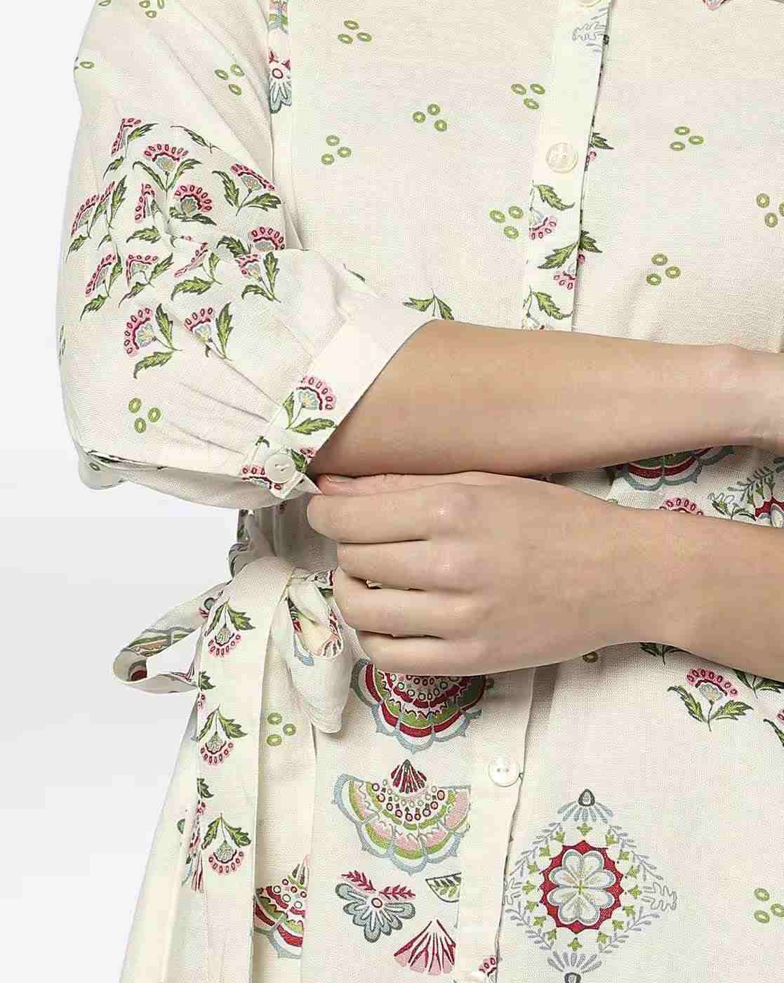 FUSION | Women Floral Print A-Line Dress with Tie-Up Belt|3