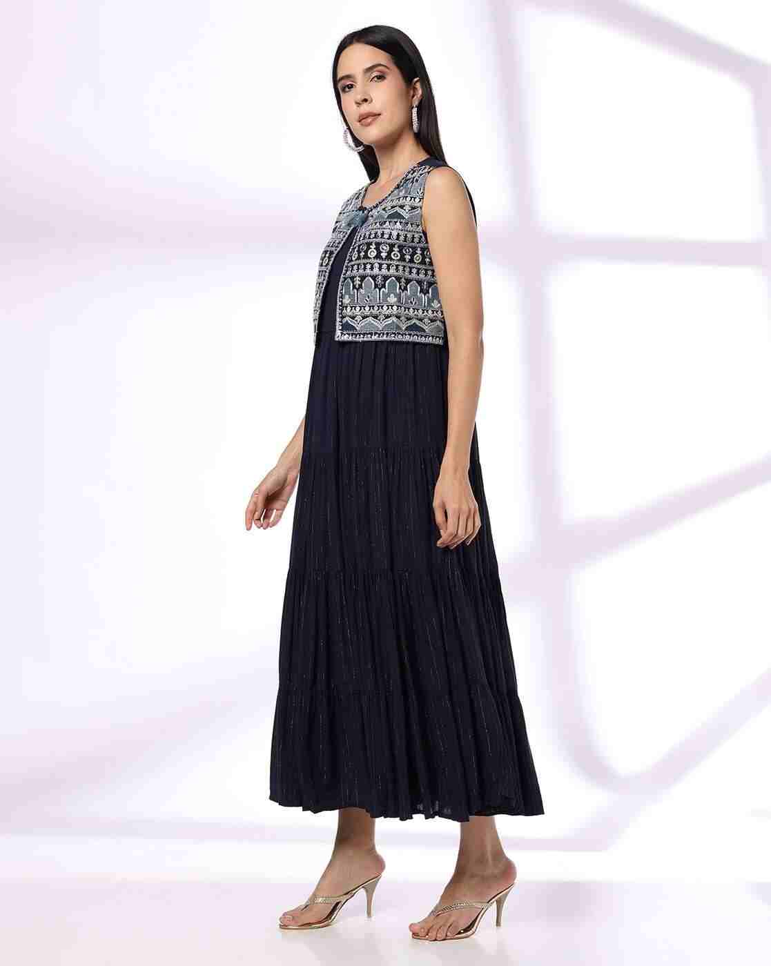 FUSION | Women Striped Relaxed Fit Jacker Dress with Jacket|1