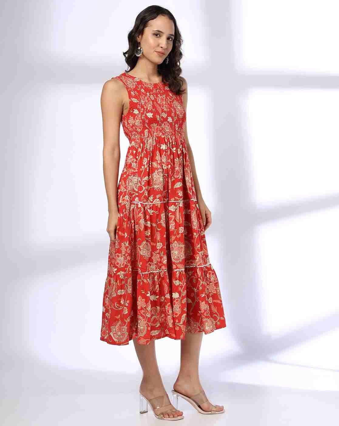 FUSION | Women Floral Print Round-Neck Fit & Flare Dress|1