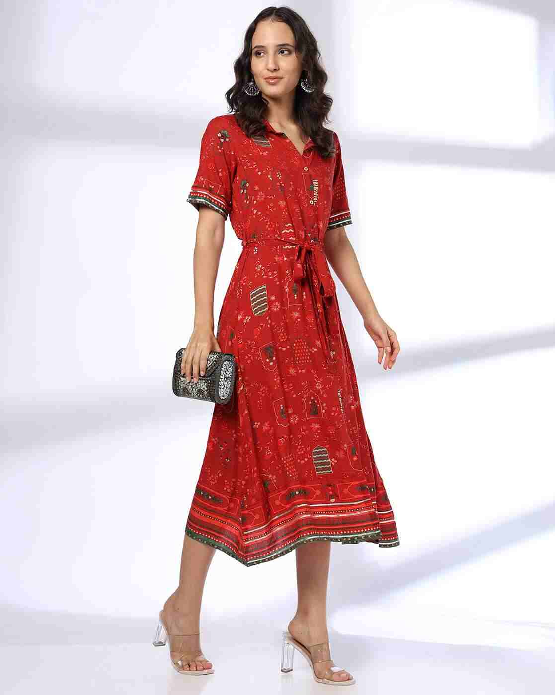 Women Floral Print Shirt Dress with Tie-Up Belt