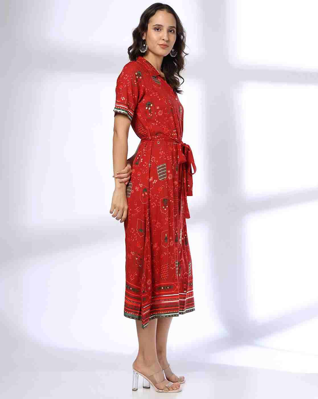 FUSION | Women Floral Print Shirt Dress with Tie-Up Belt|1