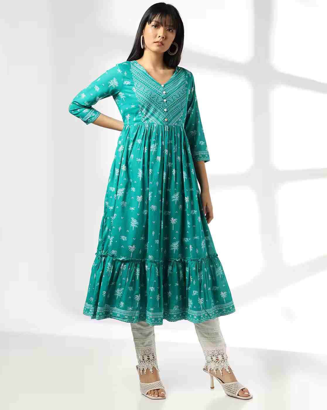 Women Floral Print V-Neck Tiered Dress