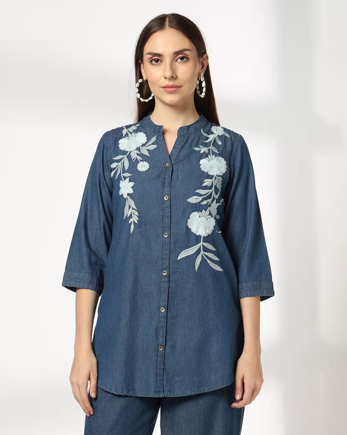 FUSION | Women Embroidered Relaxed Fit Denim Tunic|0