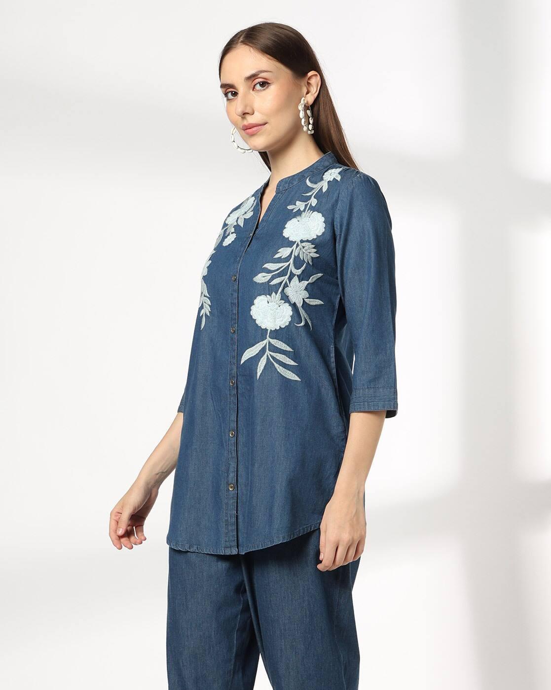 FUSION | Women Embroidered Relaxed Fit Denim Tunic|1