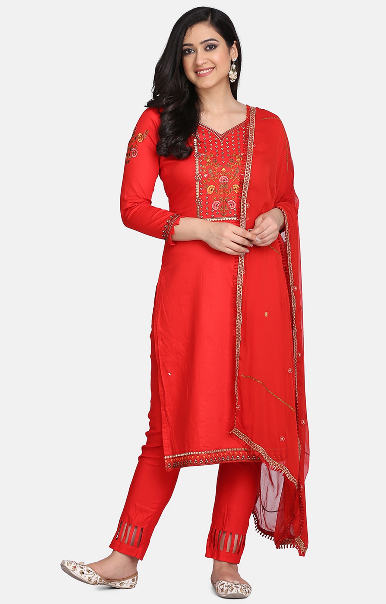 Red Color Cotton Embroidered Unstitched Dress Material-FL_PANKHUDI1092_DM