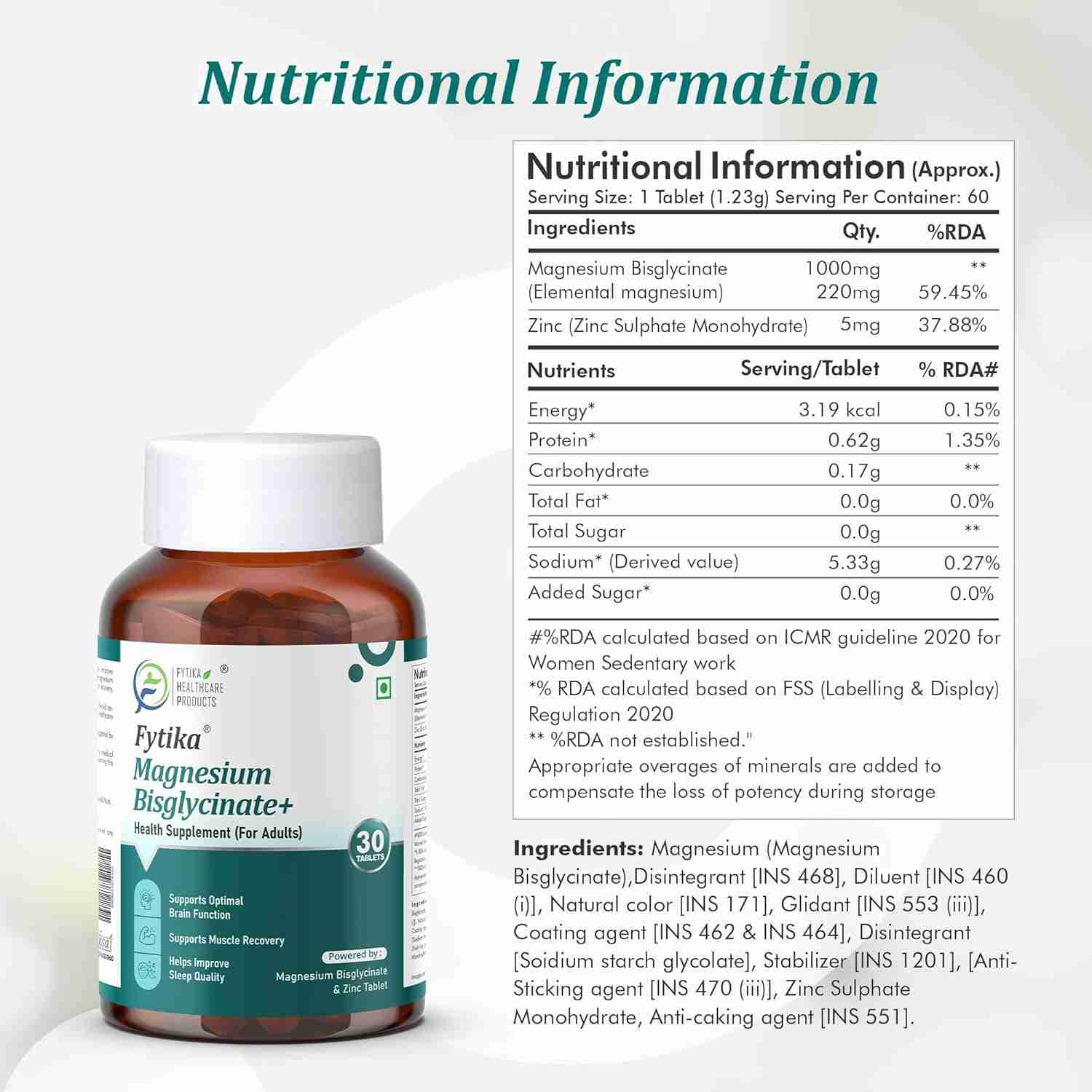 Fytika | Magnesium Bisglycinate + | Health Supplement | For Adults | 30 Tab