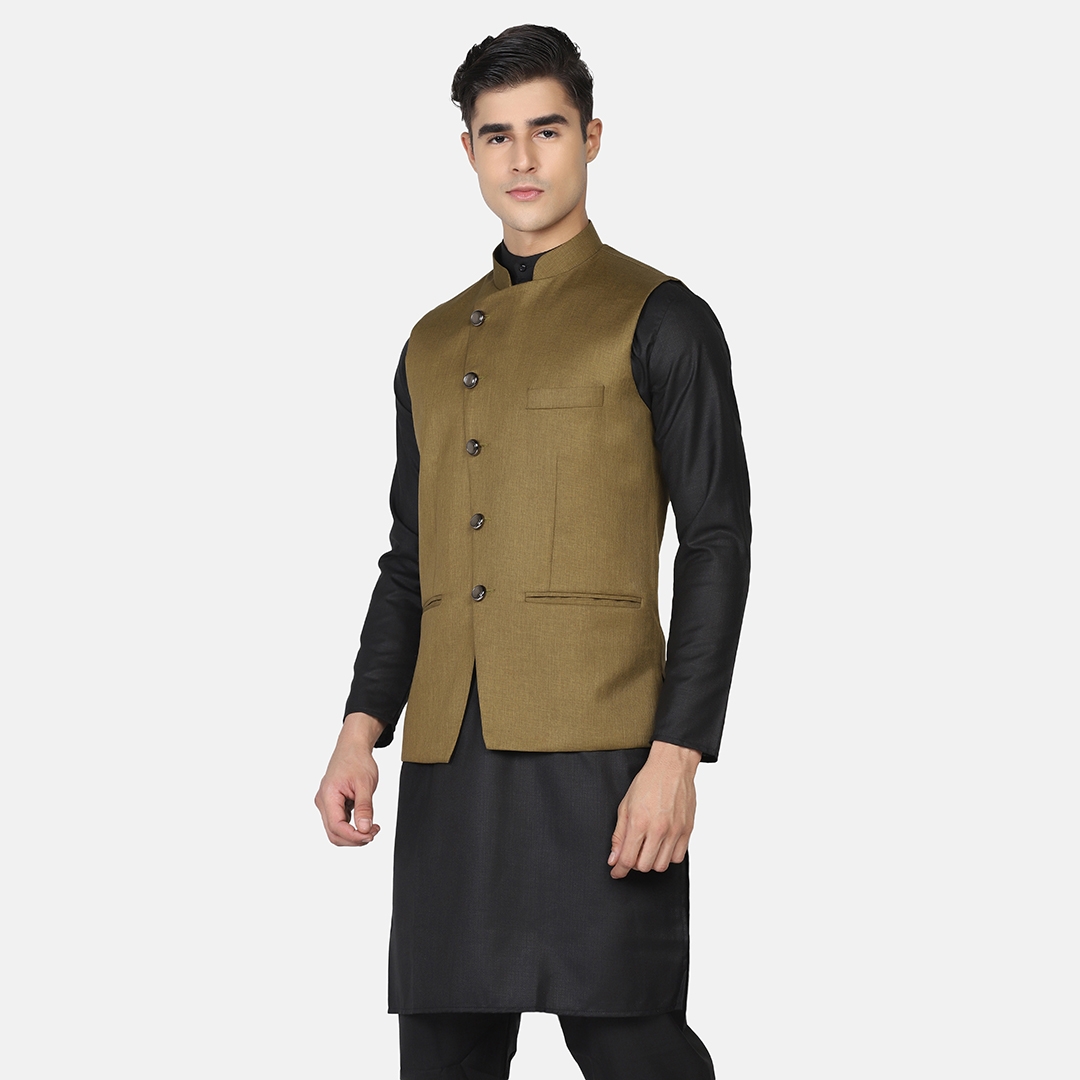 Slate Gray Drape Kurta Pajama With Nehru Jacket