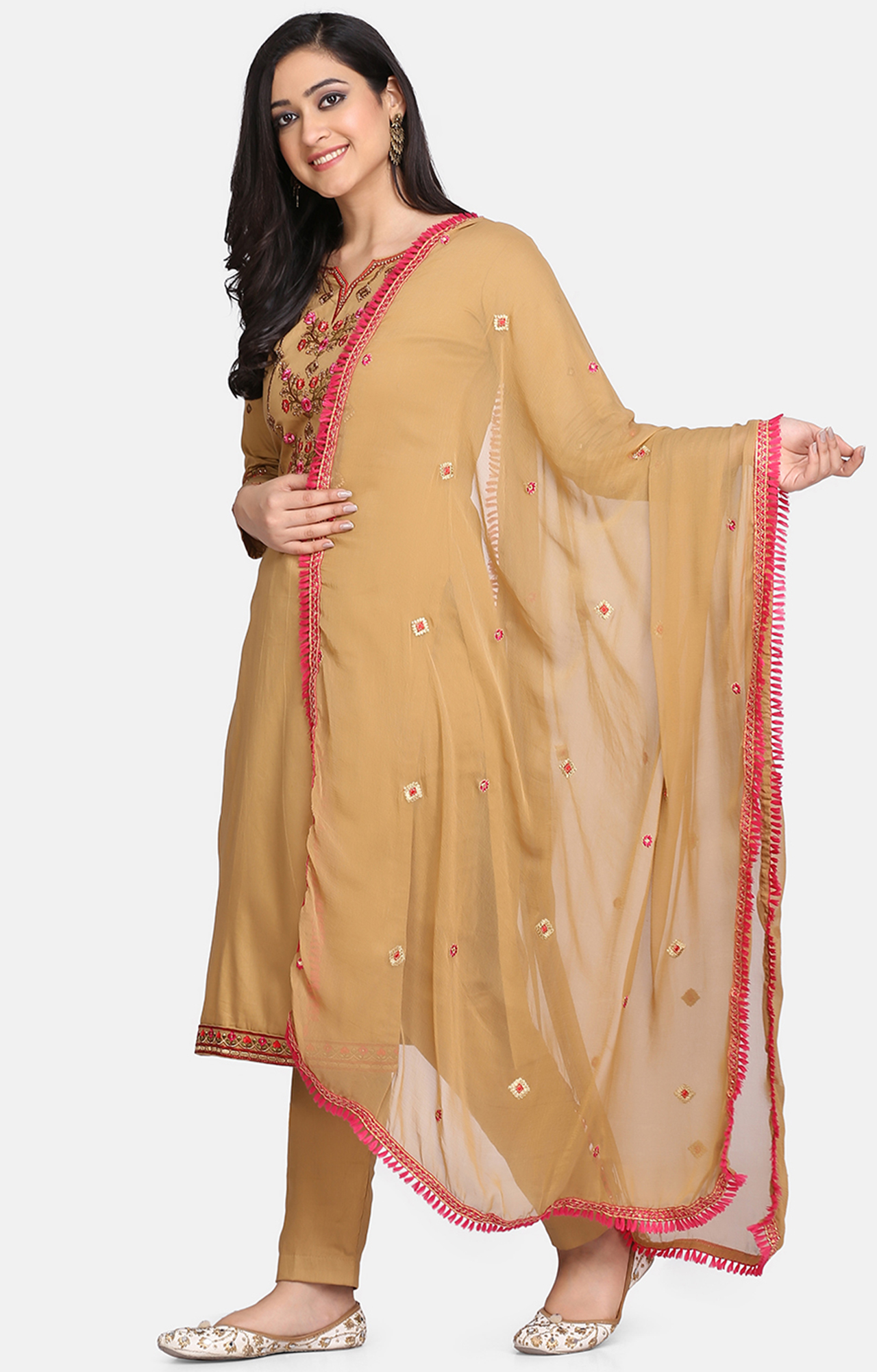 Beige Color Cotton Embroidered Unstitched Dress Material-FL_PANKHUDI1097_DM