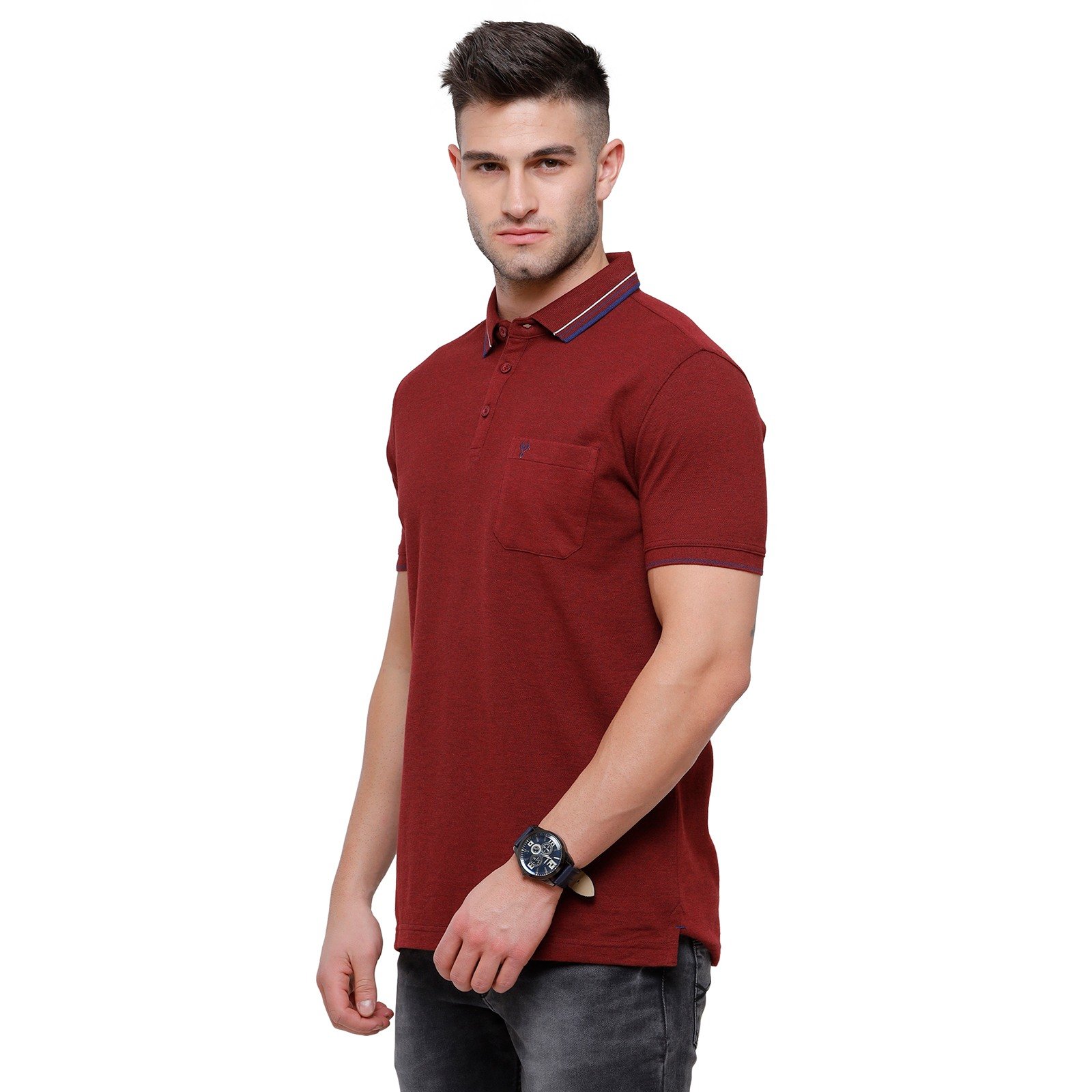 Classic Polo Mens Cotton Blend Half Sleeve Solid Polo Neck Maroon T-Shirt (TOZA-RED MEL SF P)