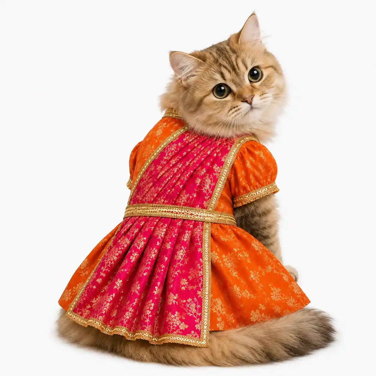 PawsIndia Traditional Heavy Brocade Zari Saree for Cats - Orange & Pink