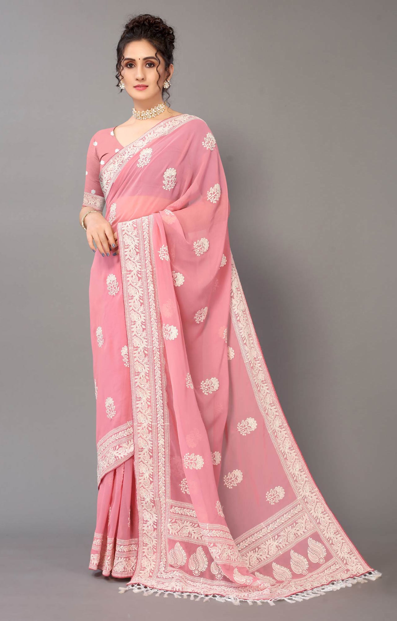 Georgette Lucknowi work Saree in Pink buy online -