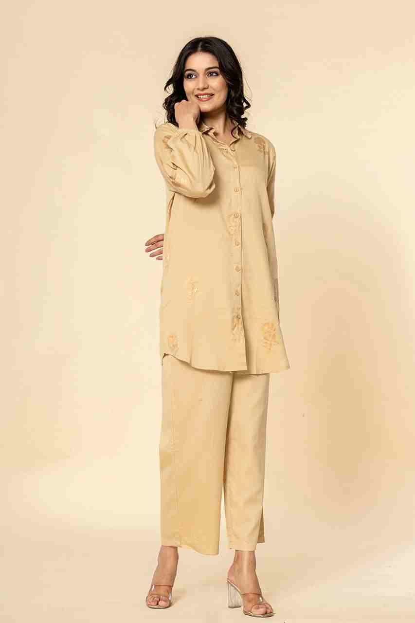 Naksh Beige Cotton Satin Co-ordinated Set With Gold Print (Set of 2)