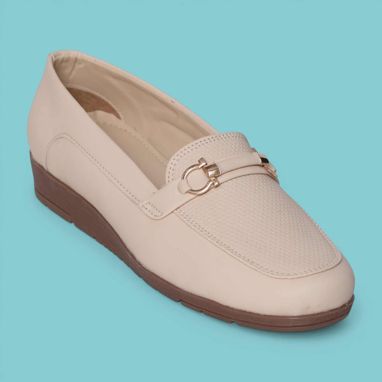 Greta Women’s Textured Beige Slip-On Loafers with Decorative Buckle