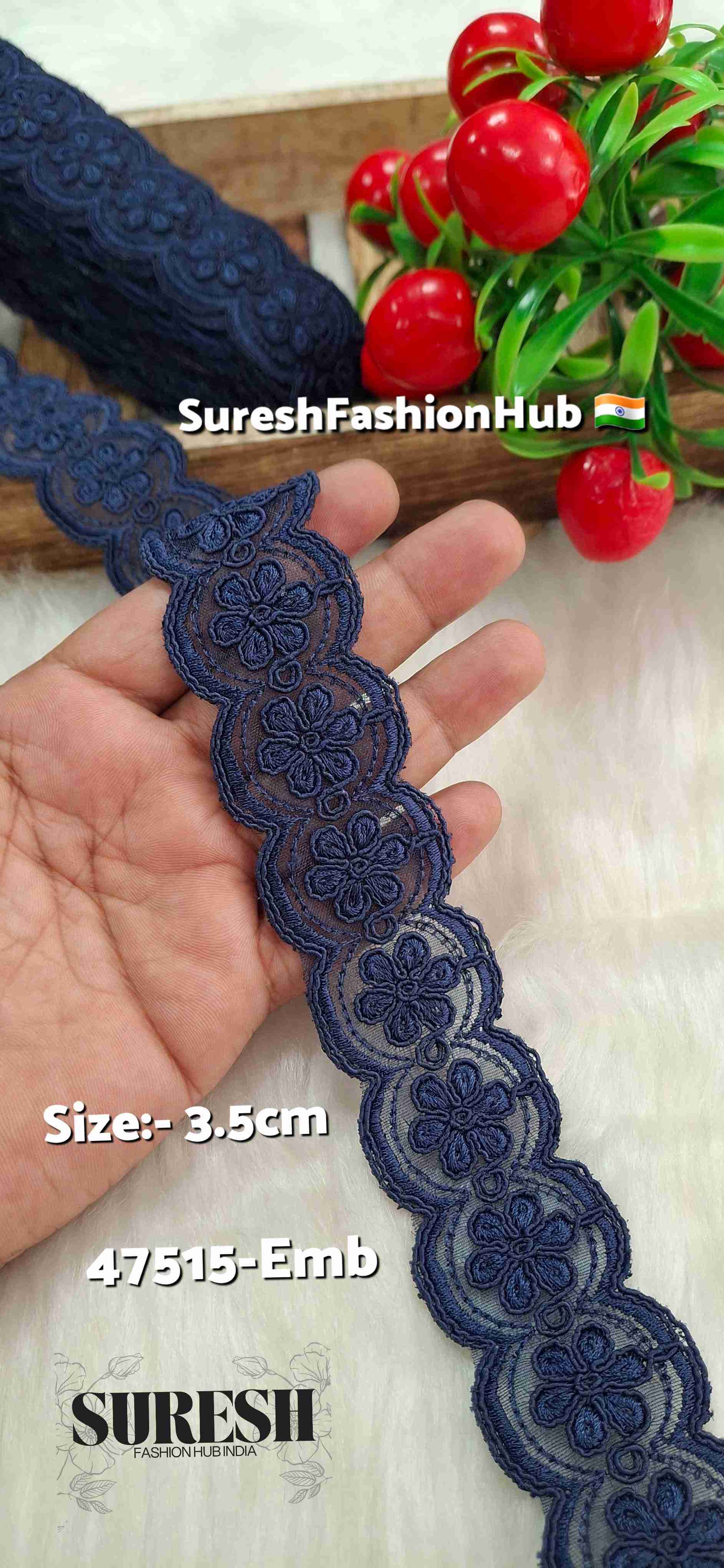 Navy Blue Bloom Scallop Organza Lace