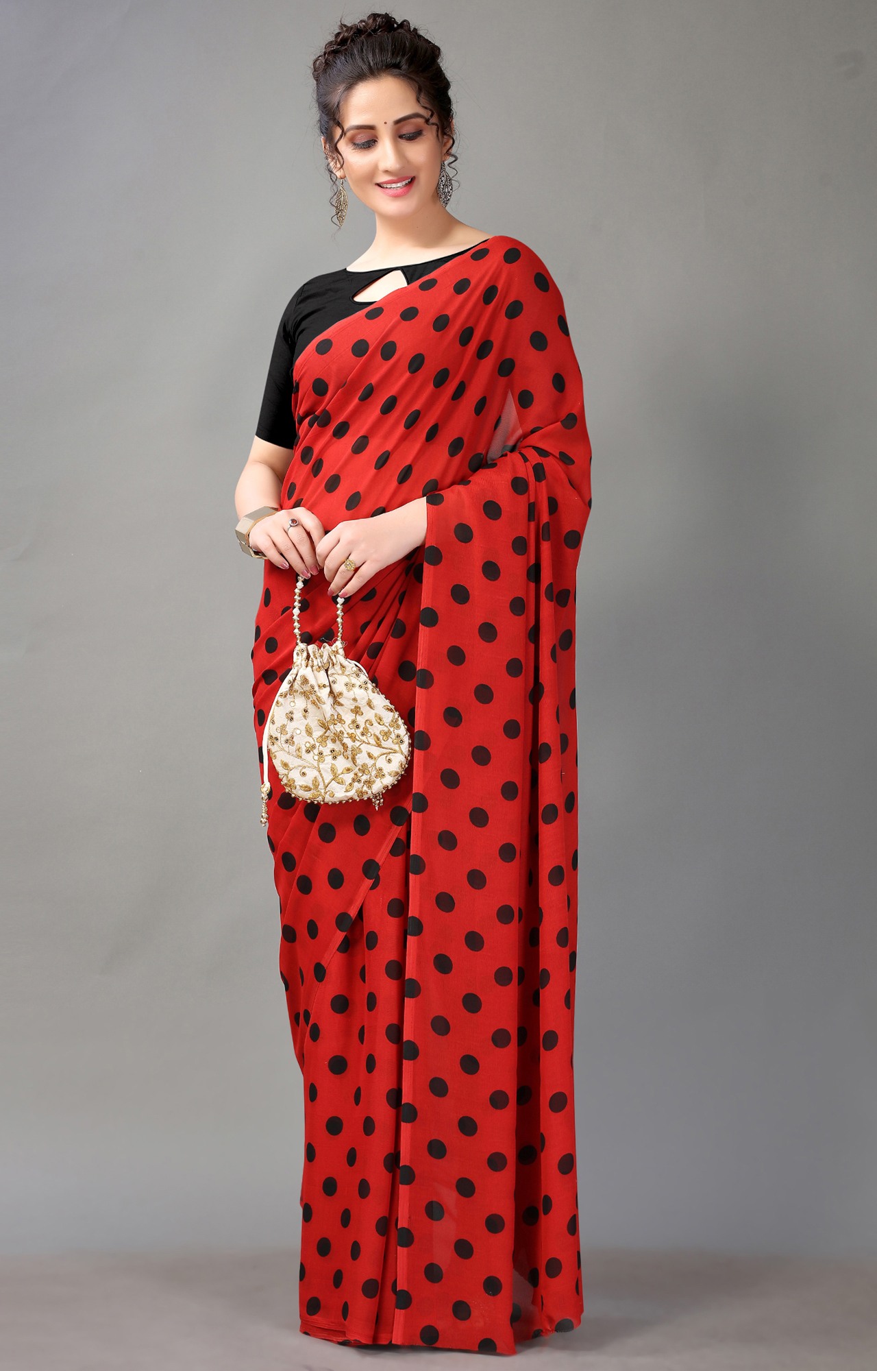 Women's Red Poly Georgette Polka Dot/Geometric Print Saree-HAL23RYN00043RED