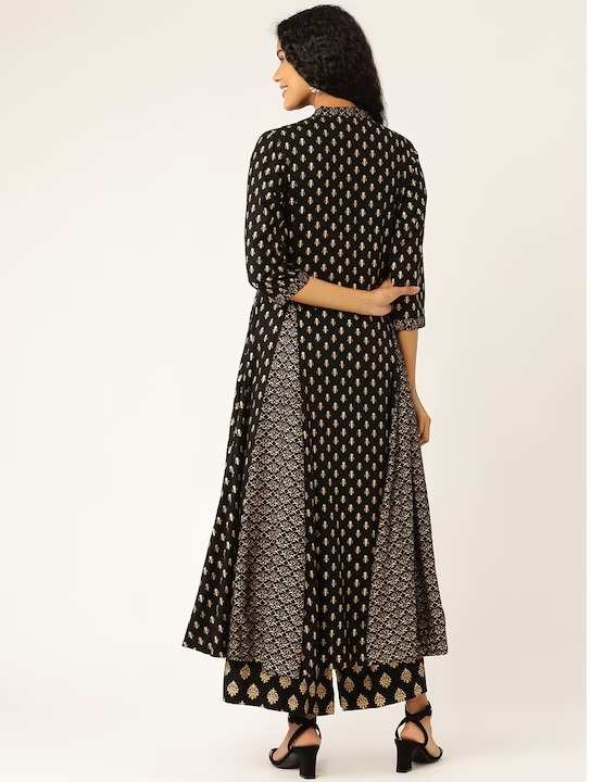 Women Black & Golden Printed Kurta with Palazzos
