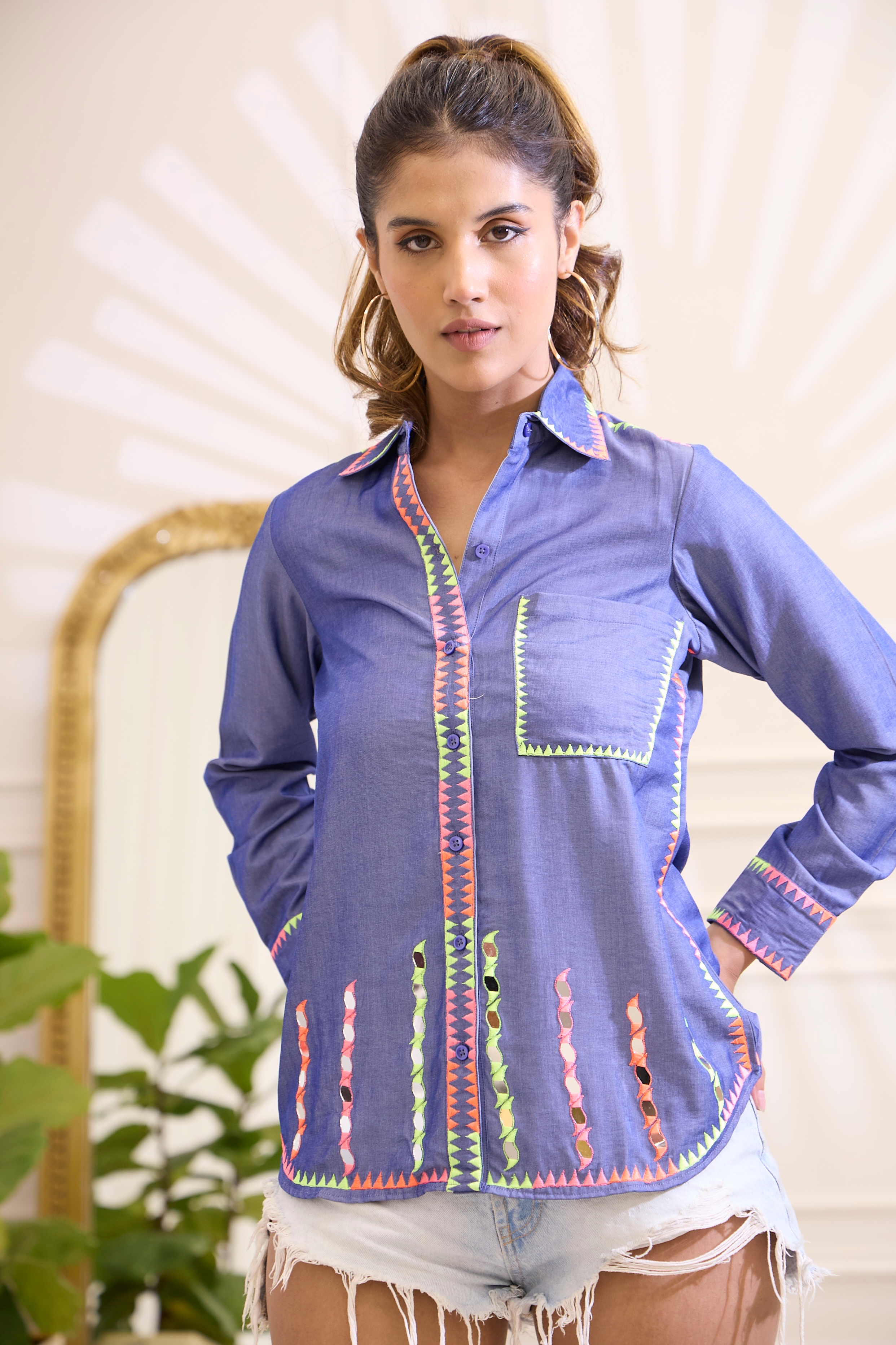Buy online Mandarin Collar Denim Regular Shirt from western wear for Women  by Rain Tree for ₹900 at 55% off | 2024 Limeroad.com