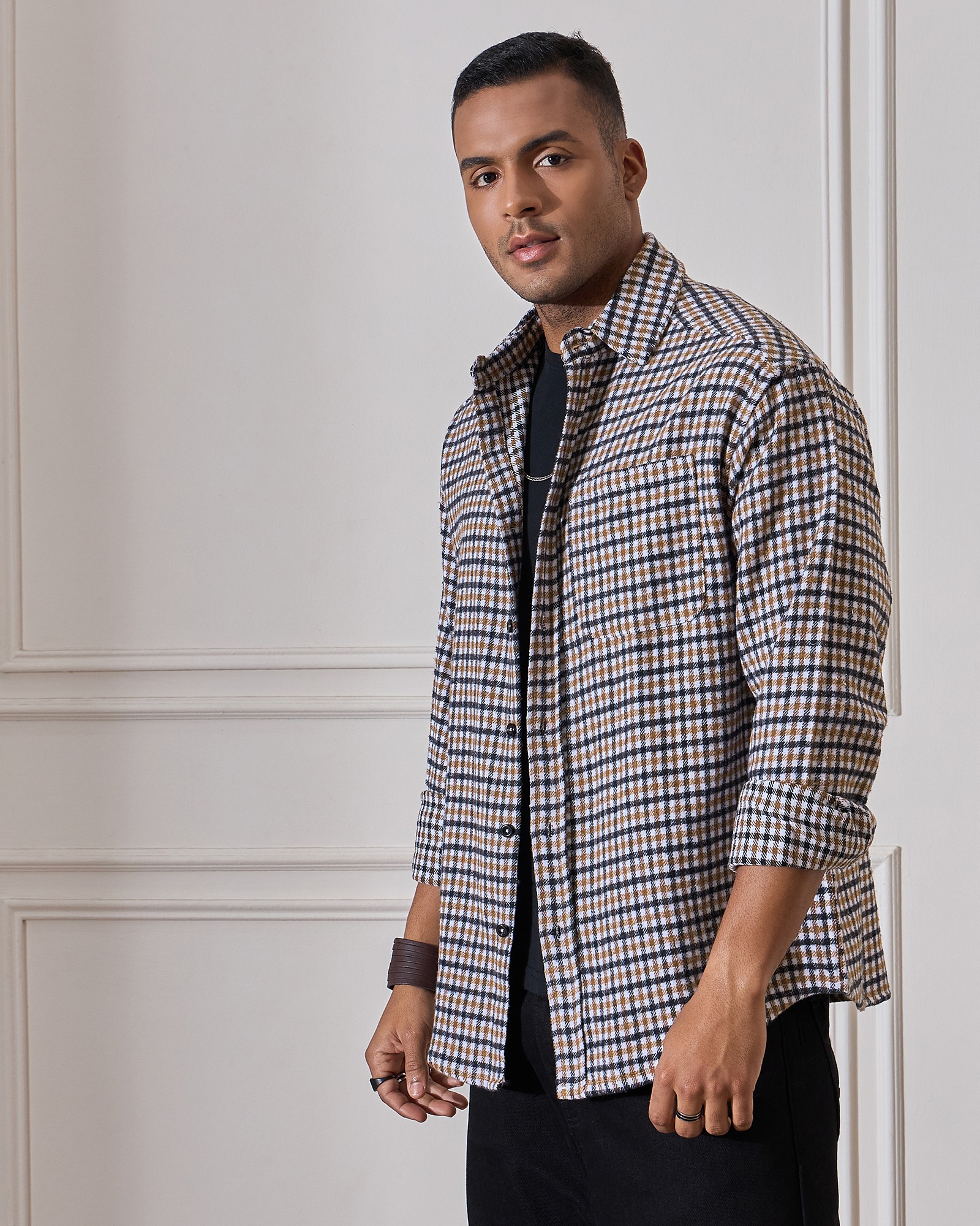 Chimpaaanzee Men White & Brown Oversized Fit Shirt
