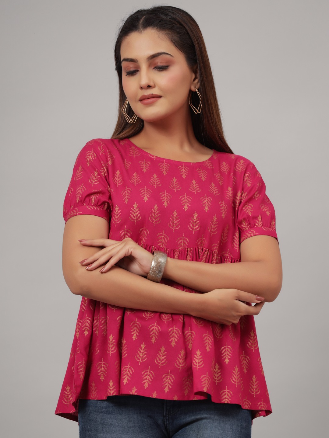 Red Rayon Embroidery Gathered Top