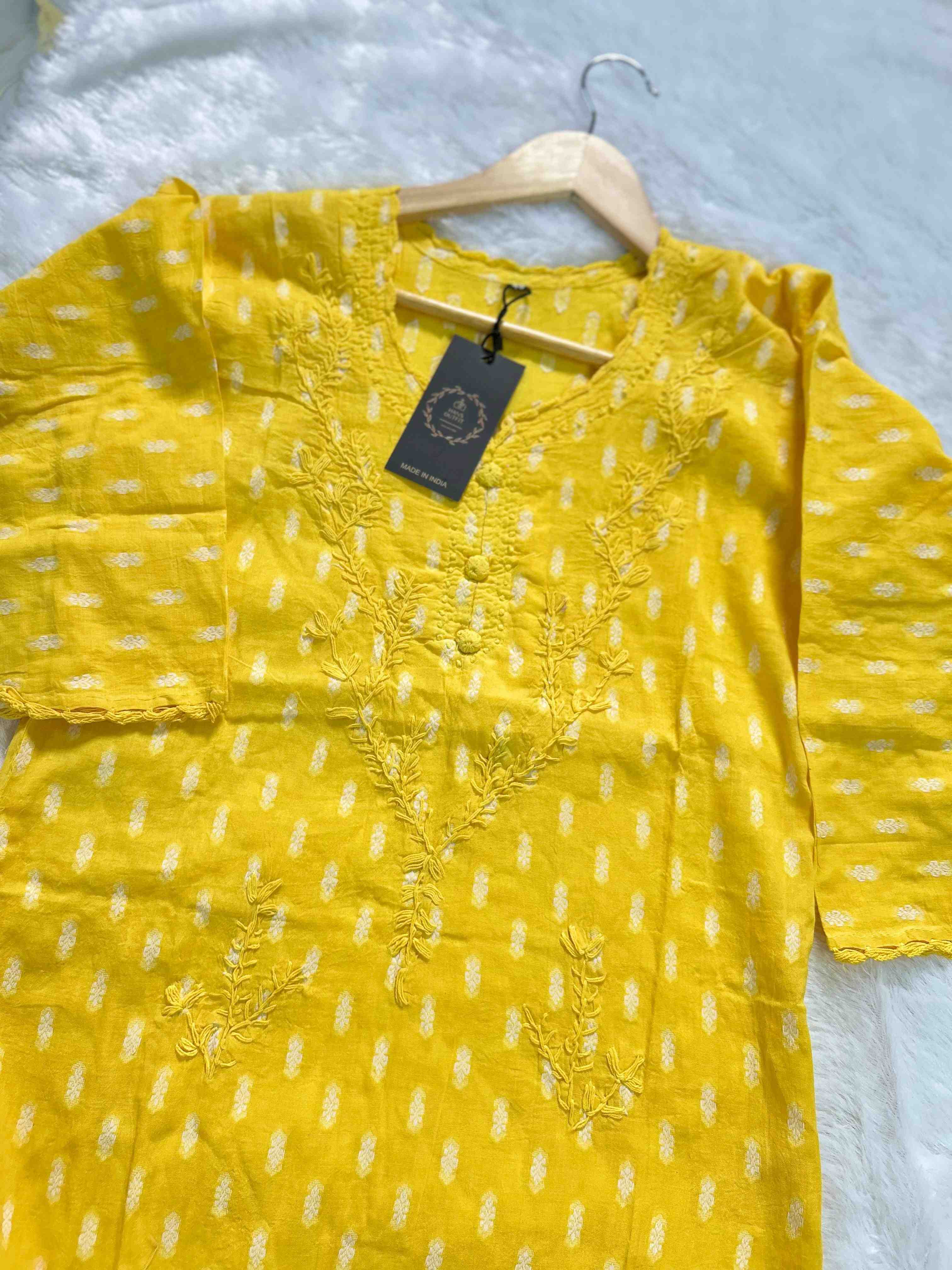 Yellow Lucknowi chickenkari cotton  kurta