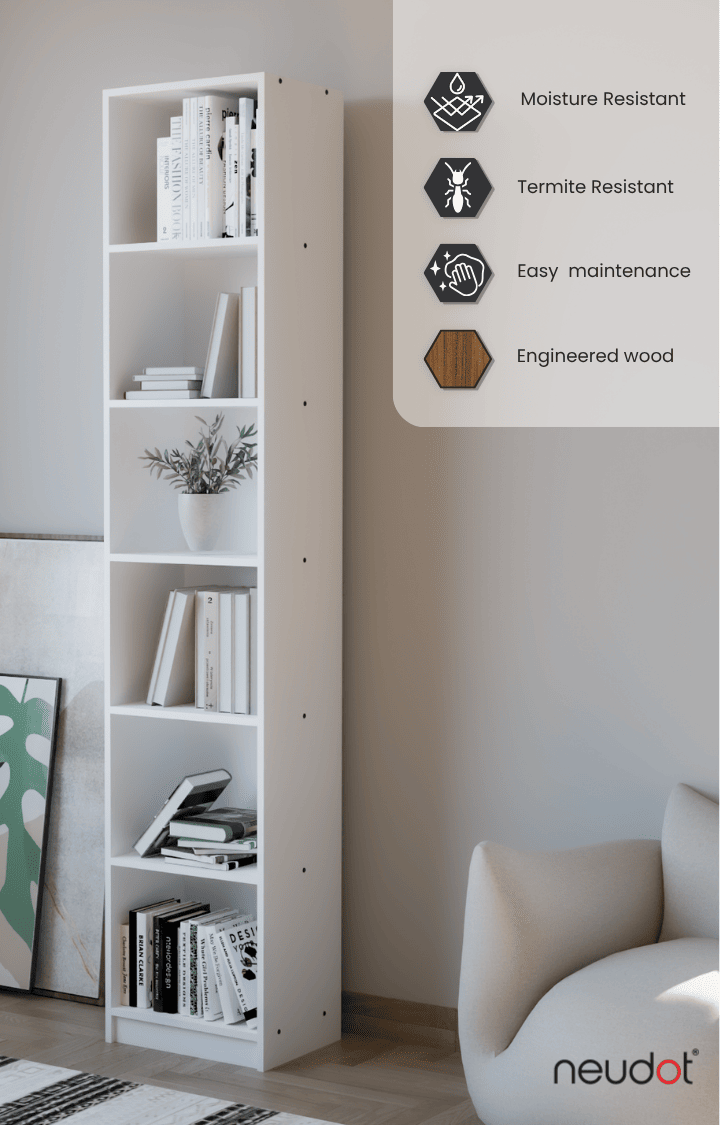 Whitman Tall Bookshelf (6 Compartments)- White Finish
