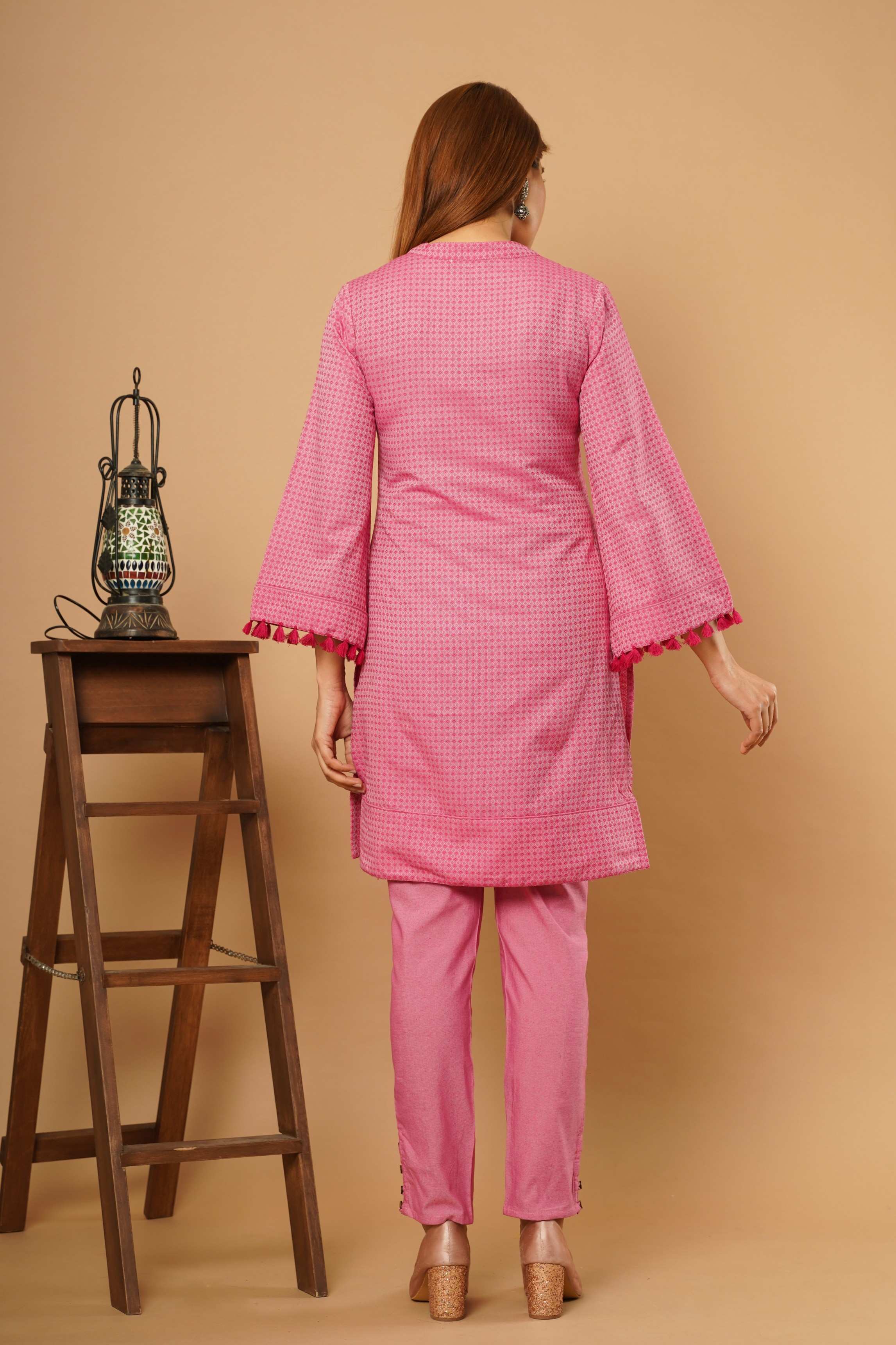 POLY COTTON SHORT KURTA TESSAL DETAIL  KURTA SET