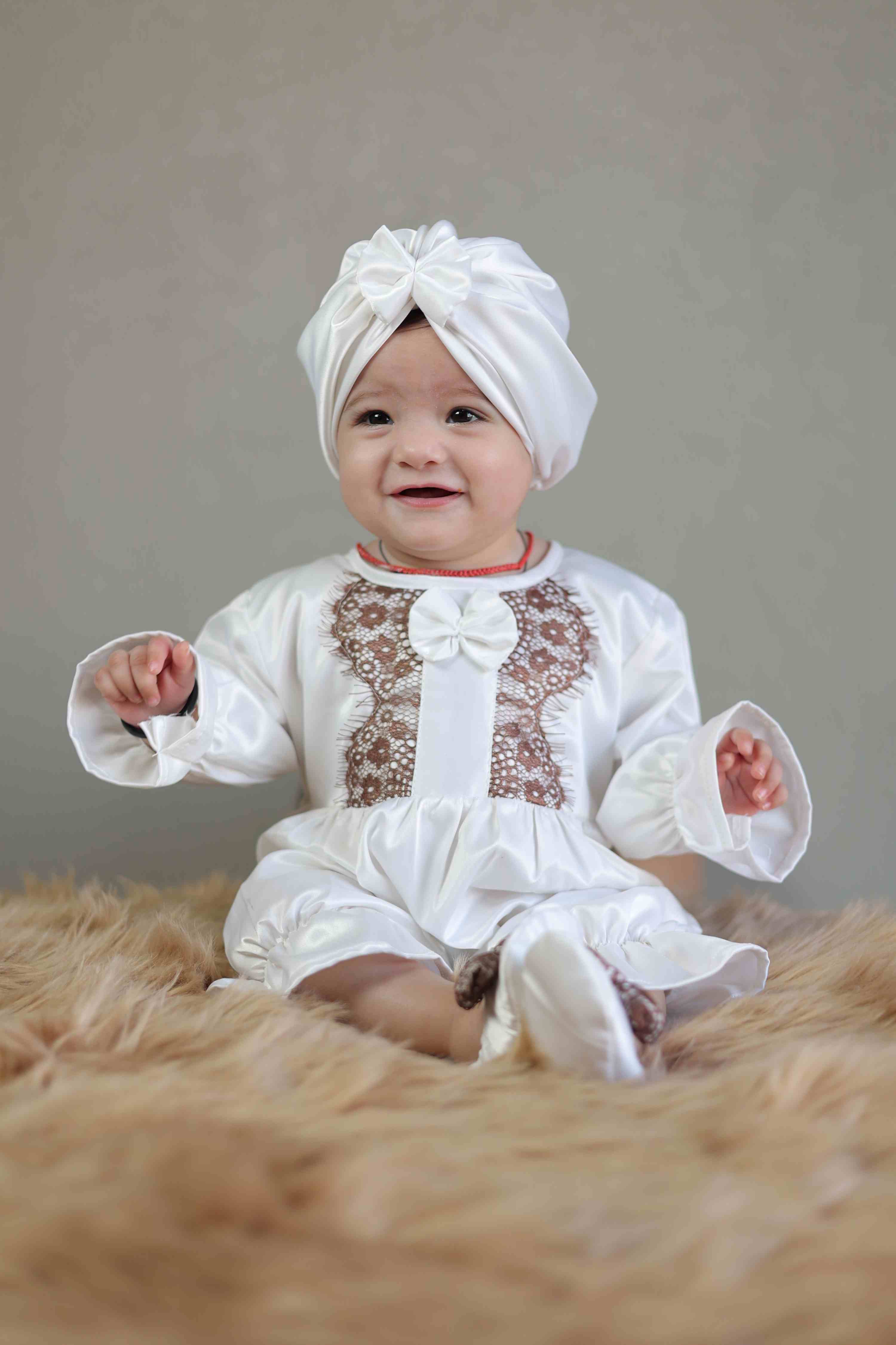 White Dove Satin Romper and Turban Set