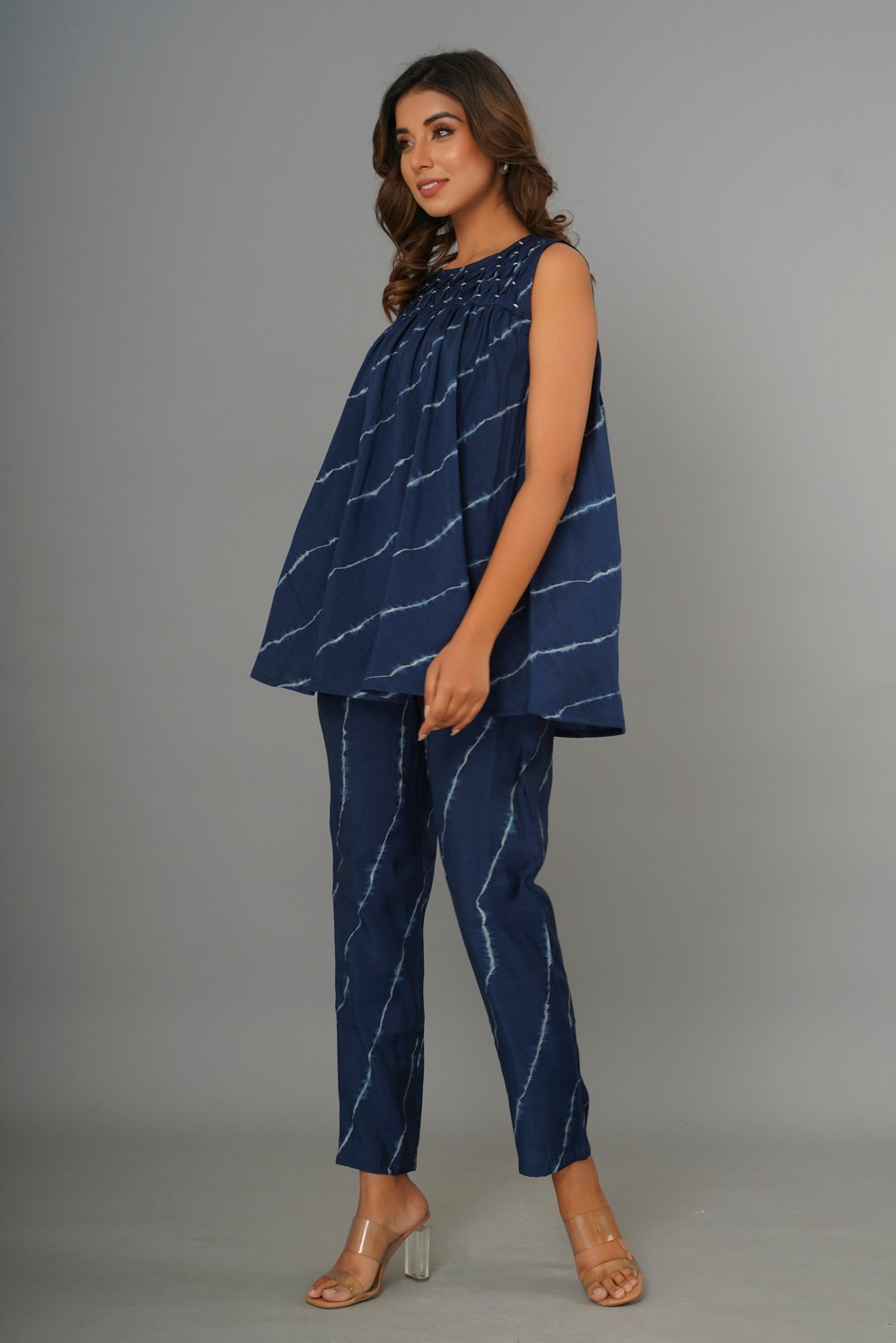 Blue Colored Printed And Gathered Peplum Co-ord Set