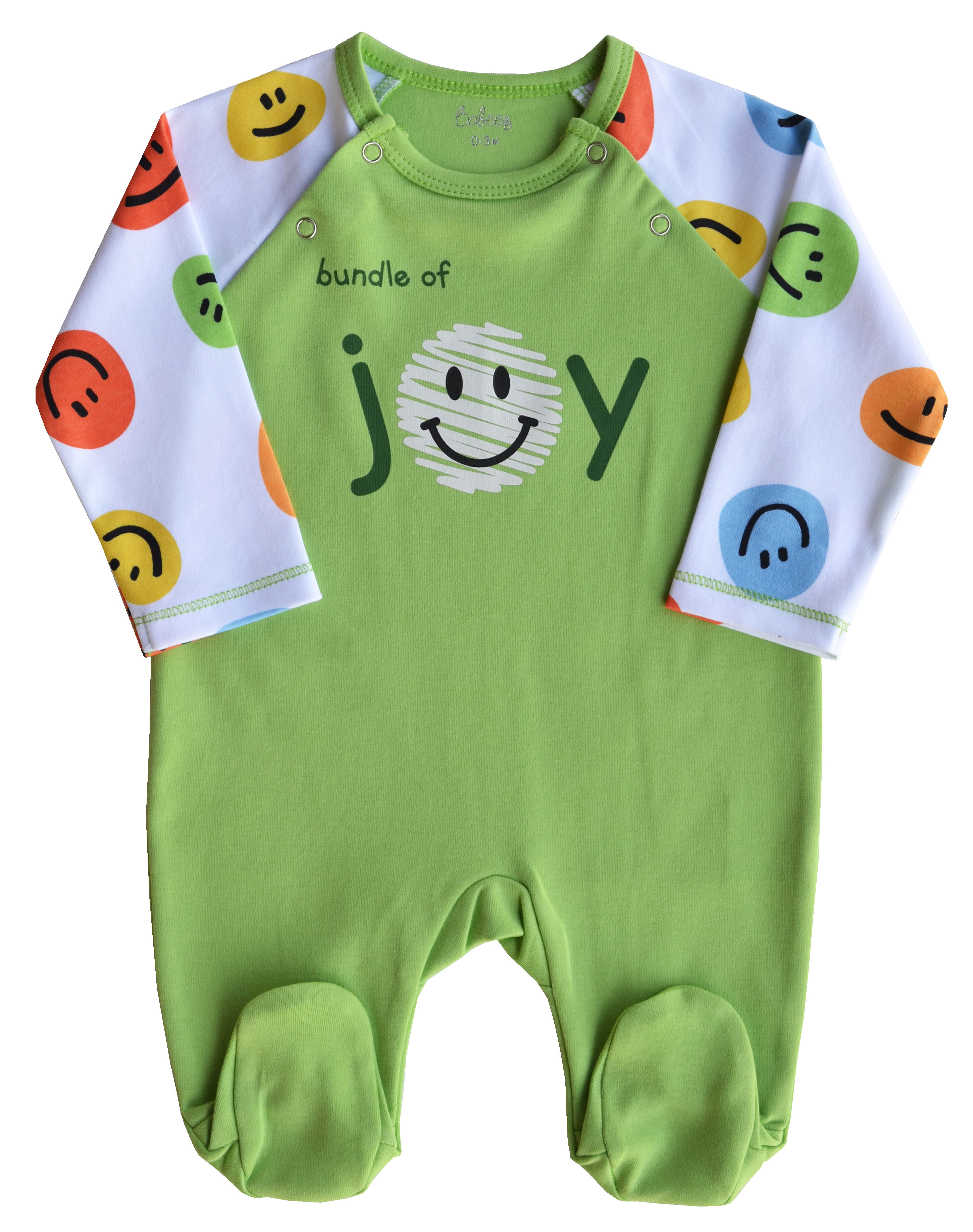 Green Full Romper/Sleeper with feet and smiley printed on sleeves(100% Cotton Interlock)