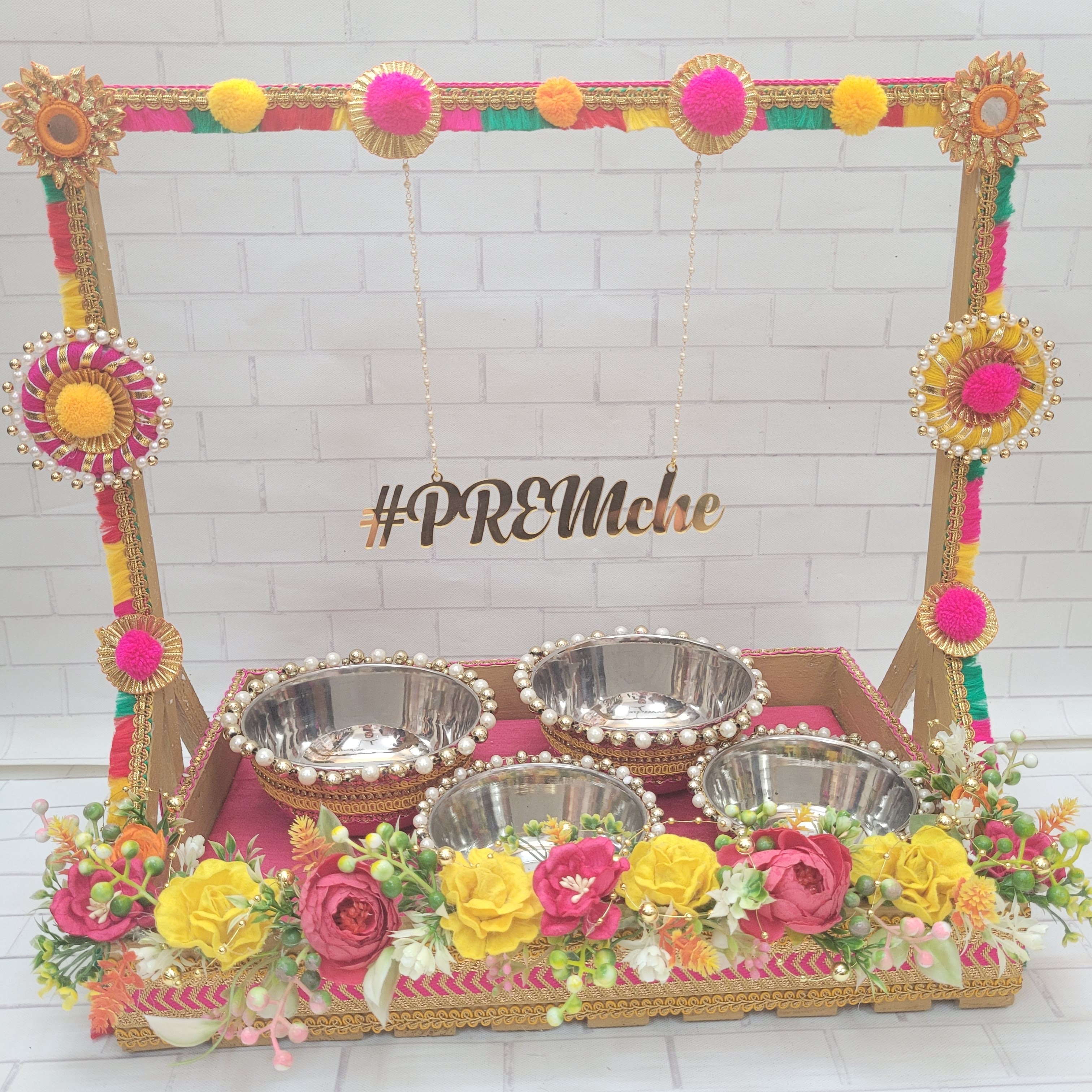 Floral art | Colorful  Haldi Platter with Artificial Flower Decor and Name Customisation undefined