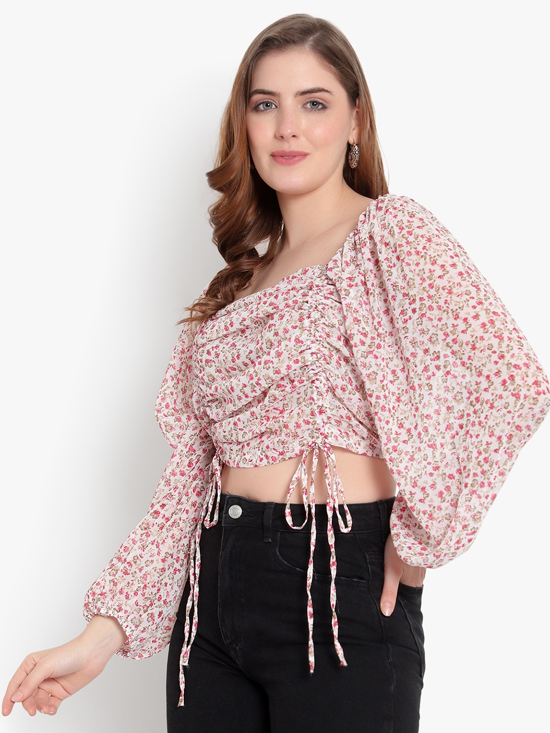ANKLES Casual Solid White Multi Color Puffed Sleeves Crop Top 