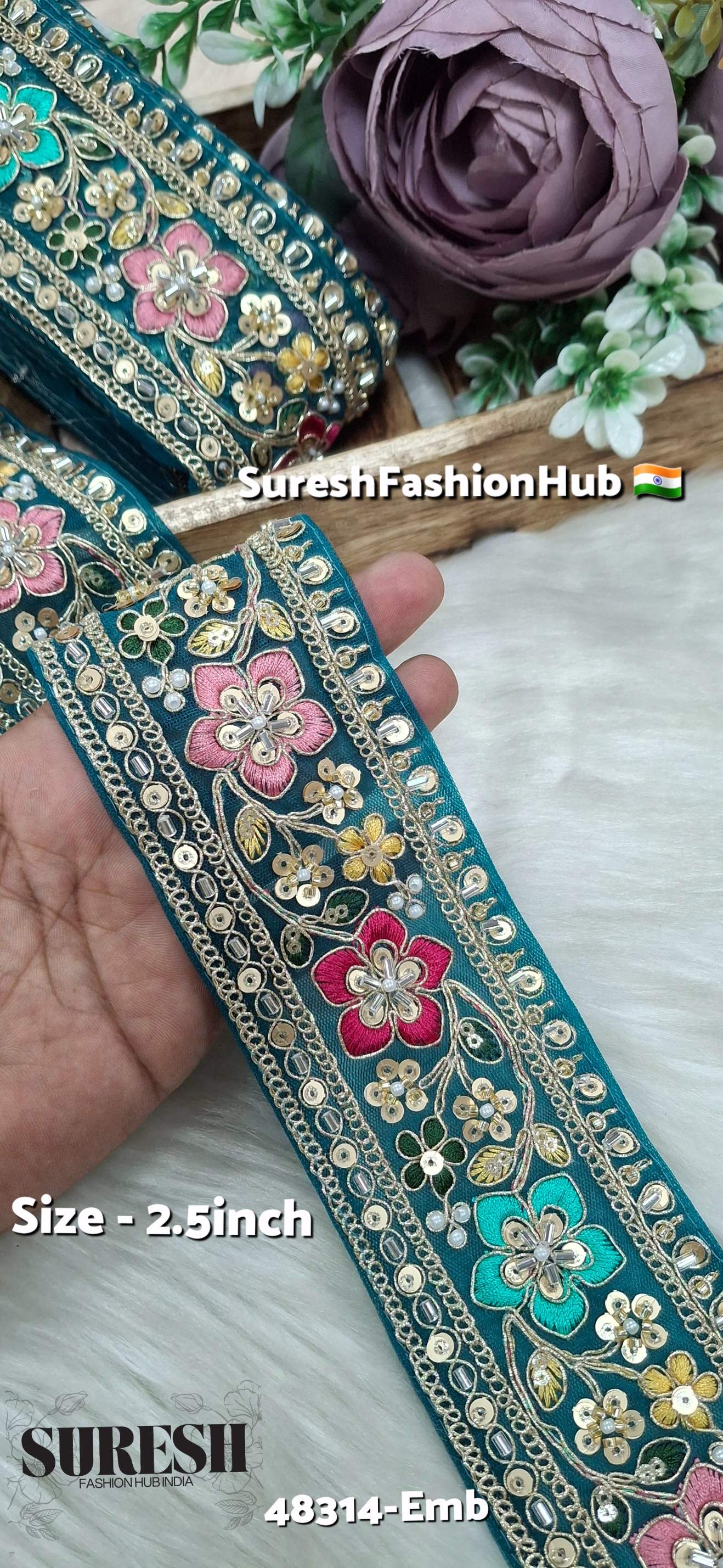 Petrol Rama Green Multicolor Kaddana Floral Embroidery Lace