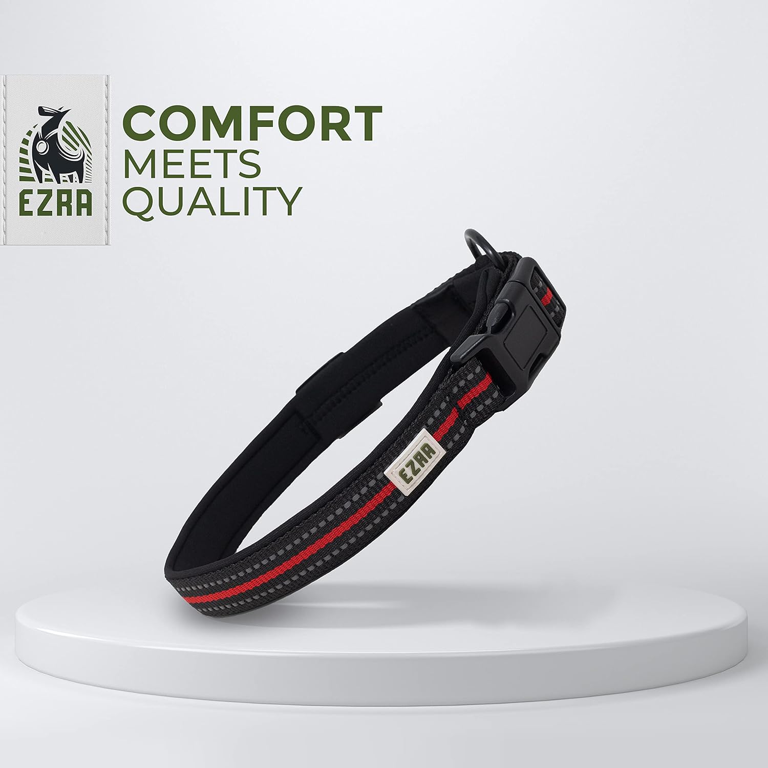 Ezra Hart Dog Collar, Durable Padded Adjustable Collar with Steel D-Ring, Red