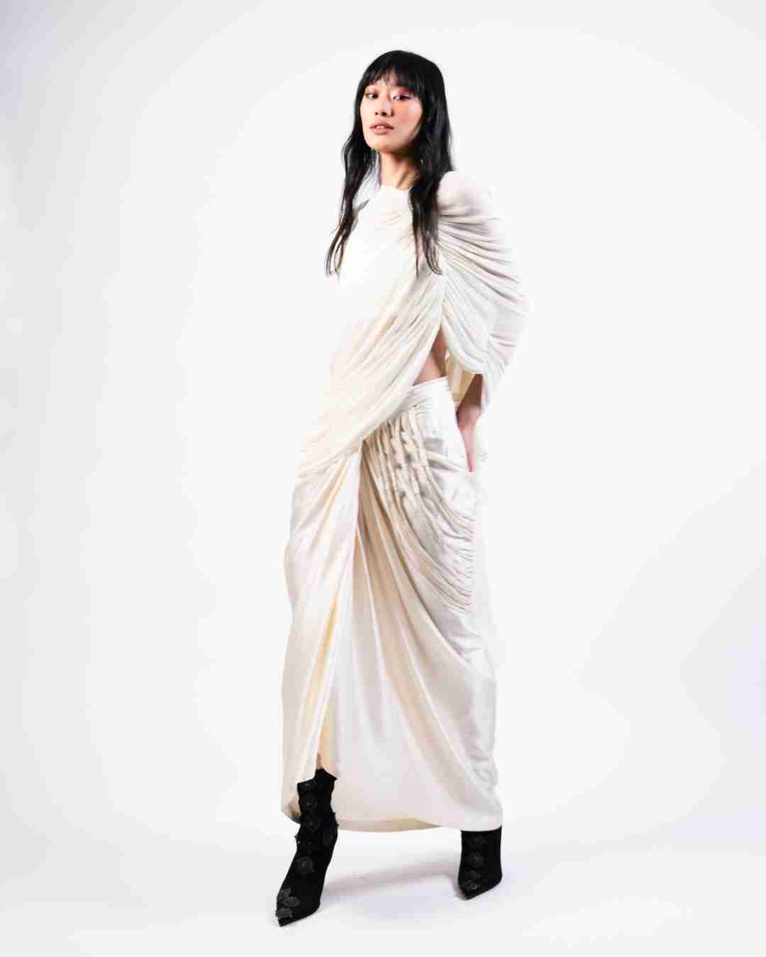 AKOK White Silk Baloon Top with Knotted skirt & Crop top Co-ords