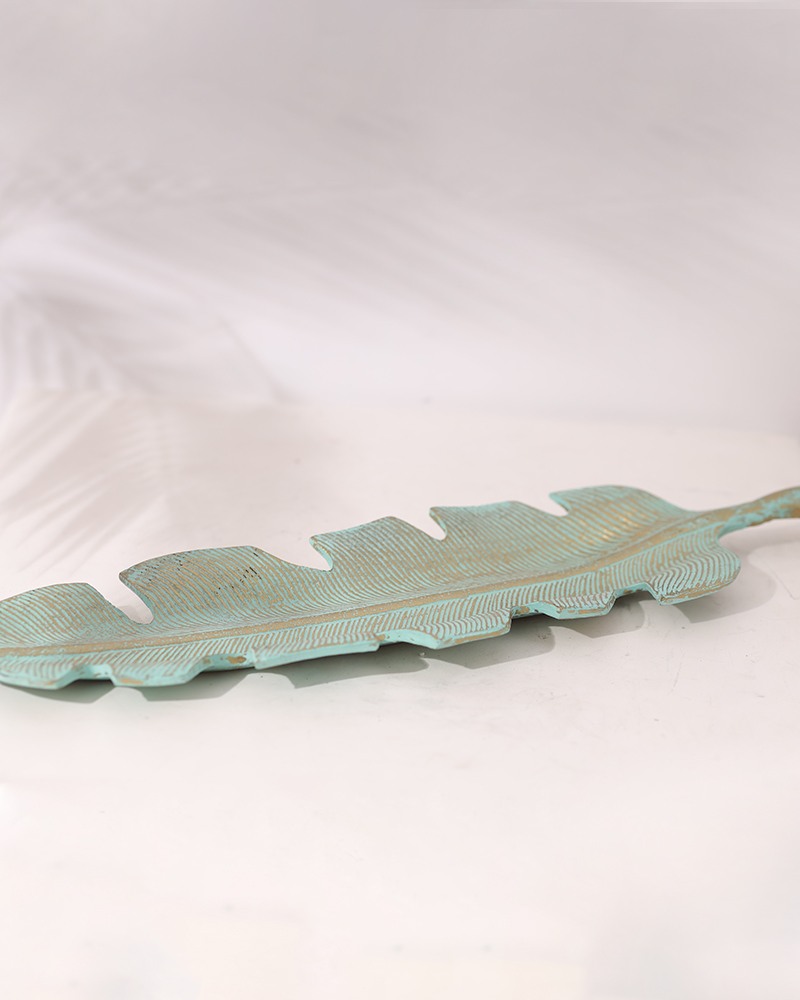 Order Happiness Beautiful Sea Green Metal Leaf Shape Platter For Table Top Showpiece, Home Decor