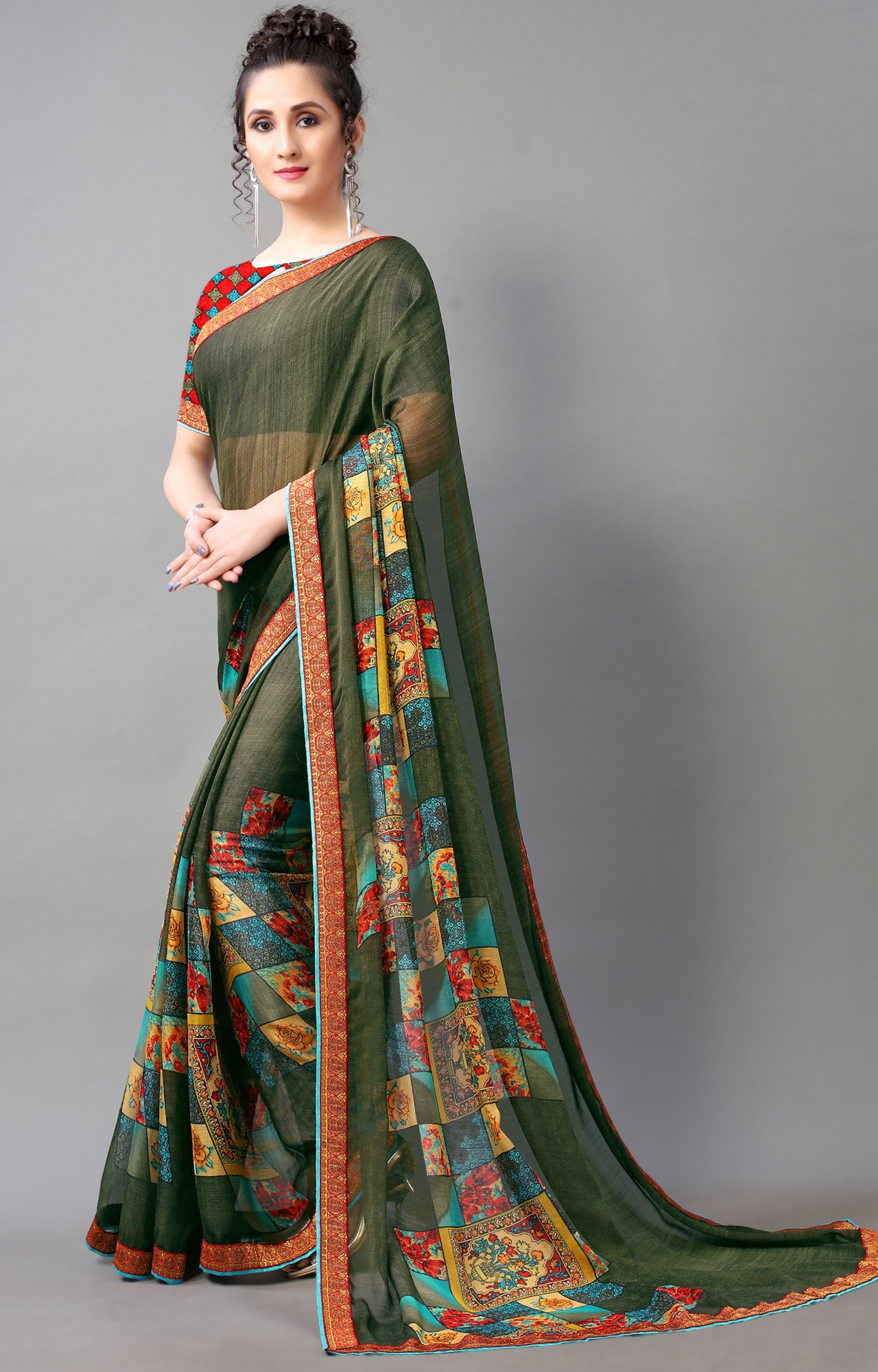 Women Green Chiffon Floral Print Saree-S_L21SHUBHLABH31010SSR01