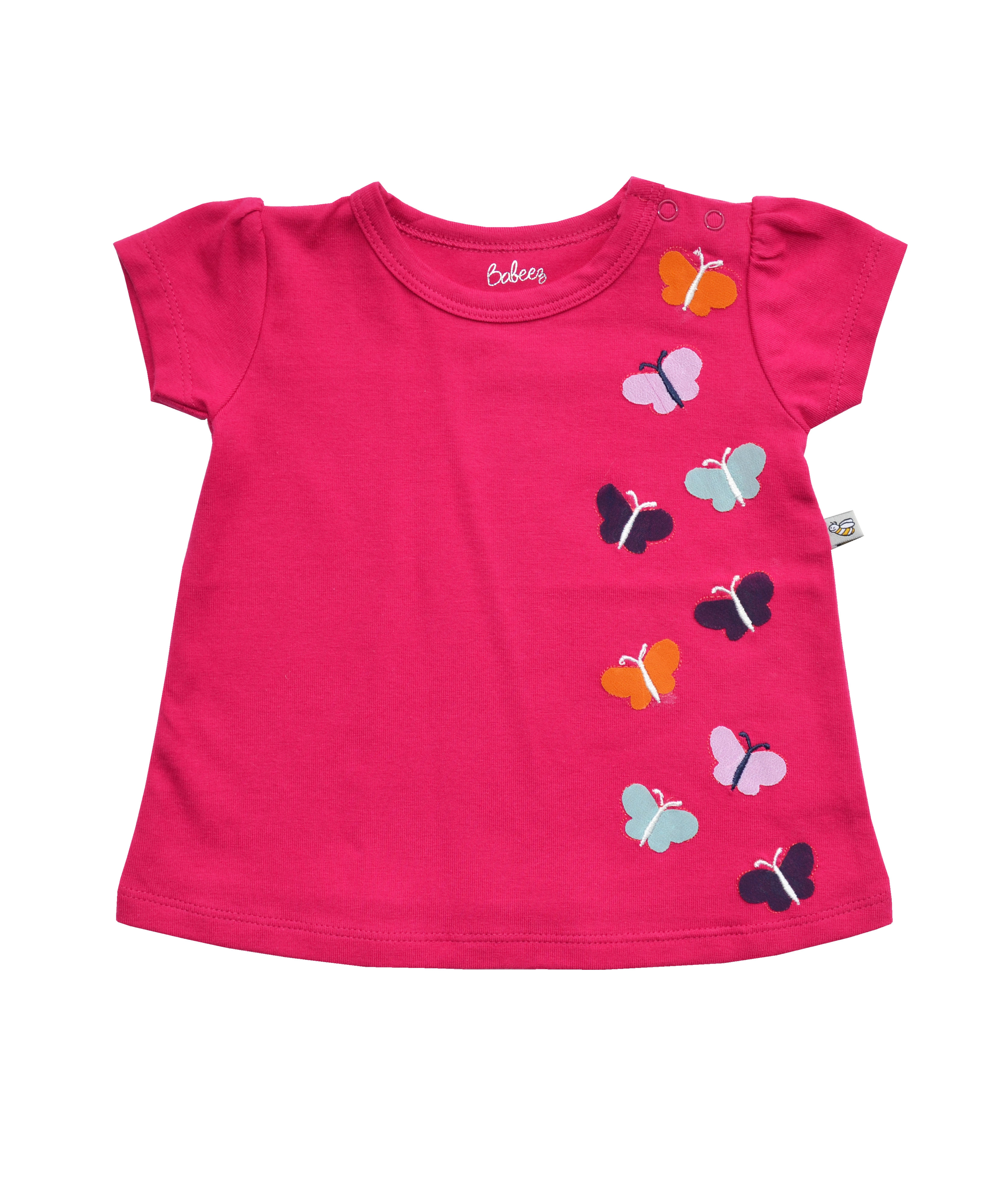 Butterfly Applique on Pink Short Sleeves Top ( 95% Cottton 5% Elasthan Jersey)