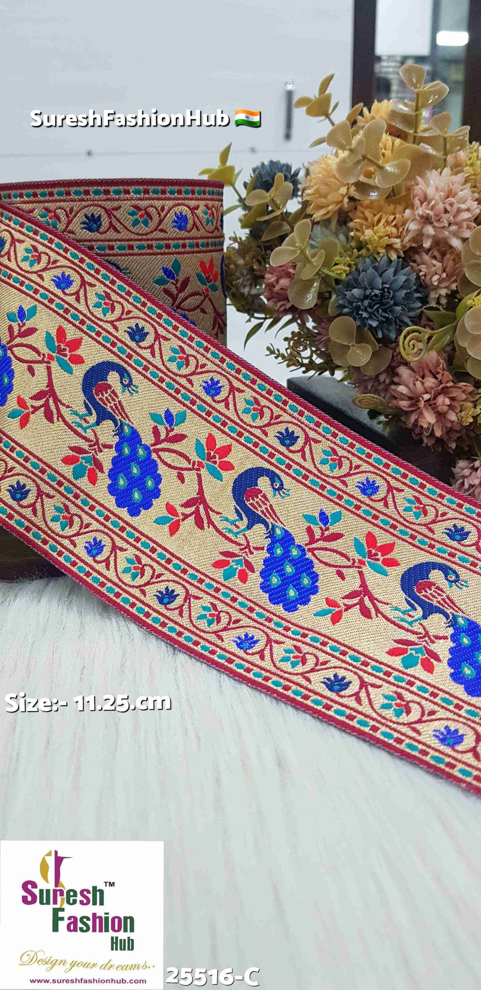 Peacock Floral Banarasi Maroon+Rama Border Lace
