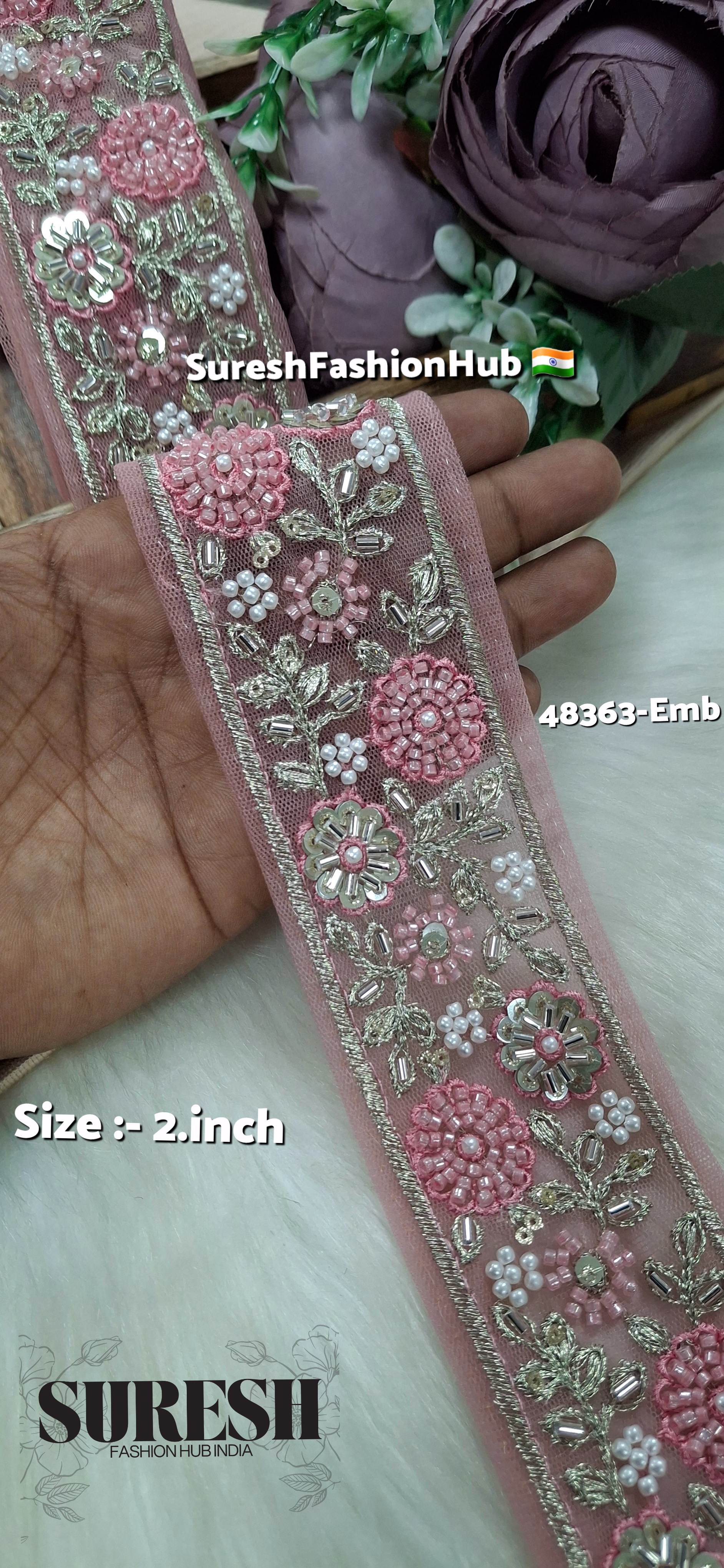 Pink Beaded Floral Net Embroidered Lace
