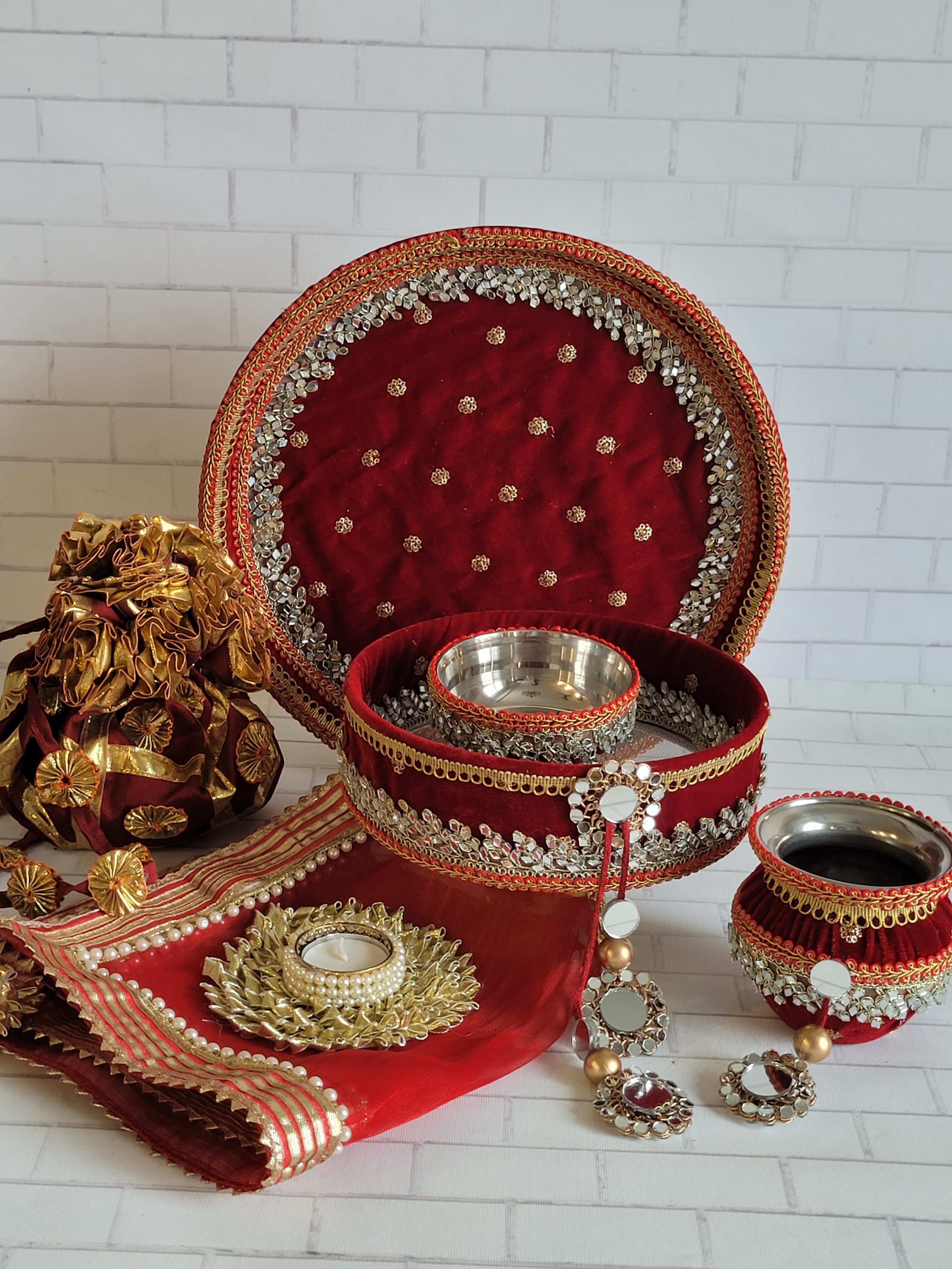 Gold & Red Pearl Work Karva Chauth Thali Set (Brocade Fabric)